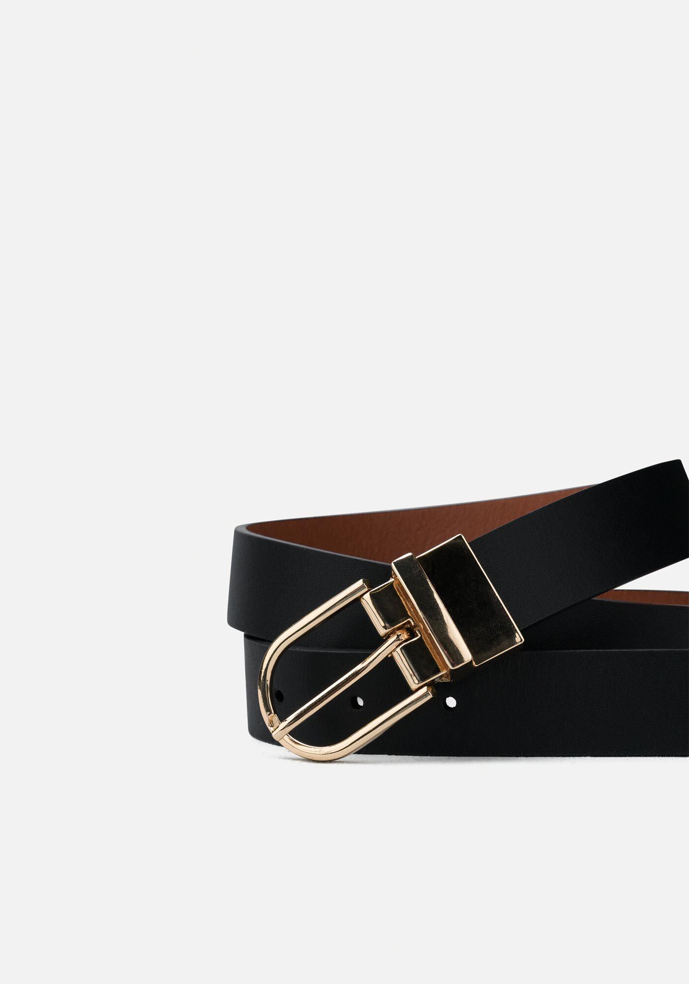 Cinto De Cintura Dupla Face Em Couro Com Fivela Metalizada, PRETO/BEGE, large.