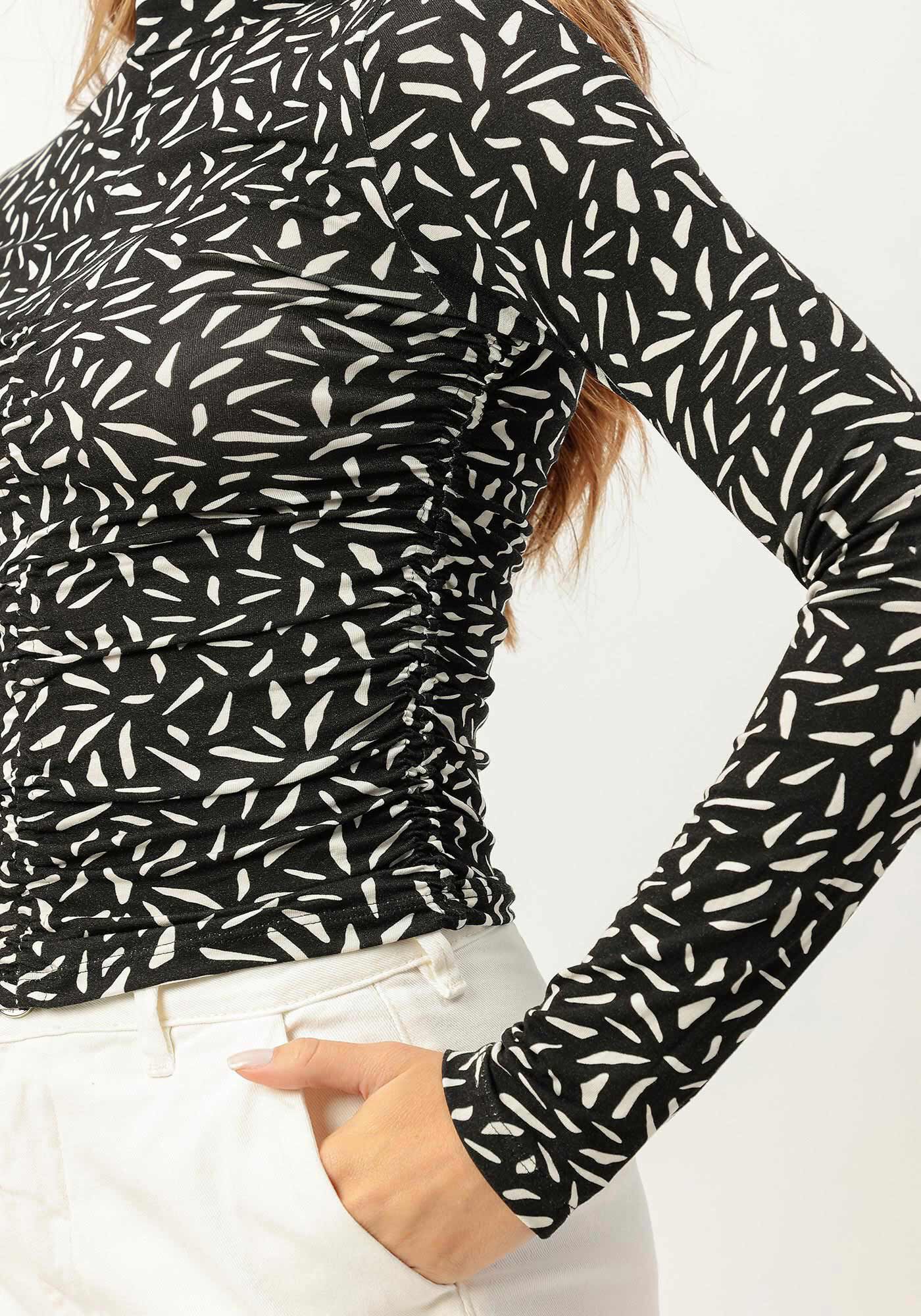 Blusa Manga Longa Estampada com Franzido, , large.