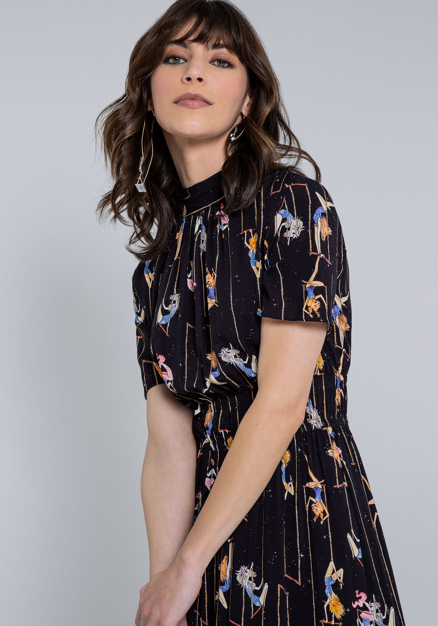 Vestido Midi Estampado em Viscose com Gola La&ccedil;o, , large.