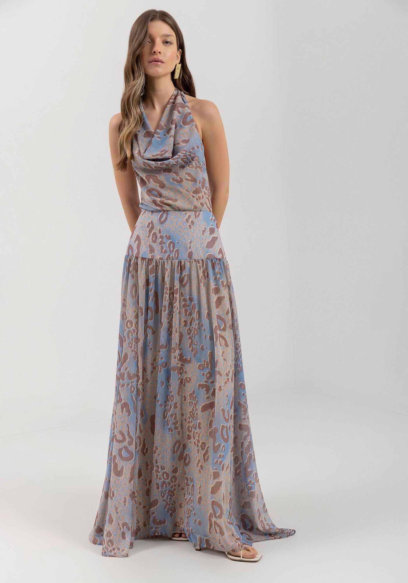 Saia Longa Fluida Estampada Com Cintura Alta E Transpar&ecirc;ncia, , large.