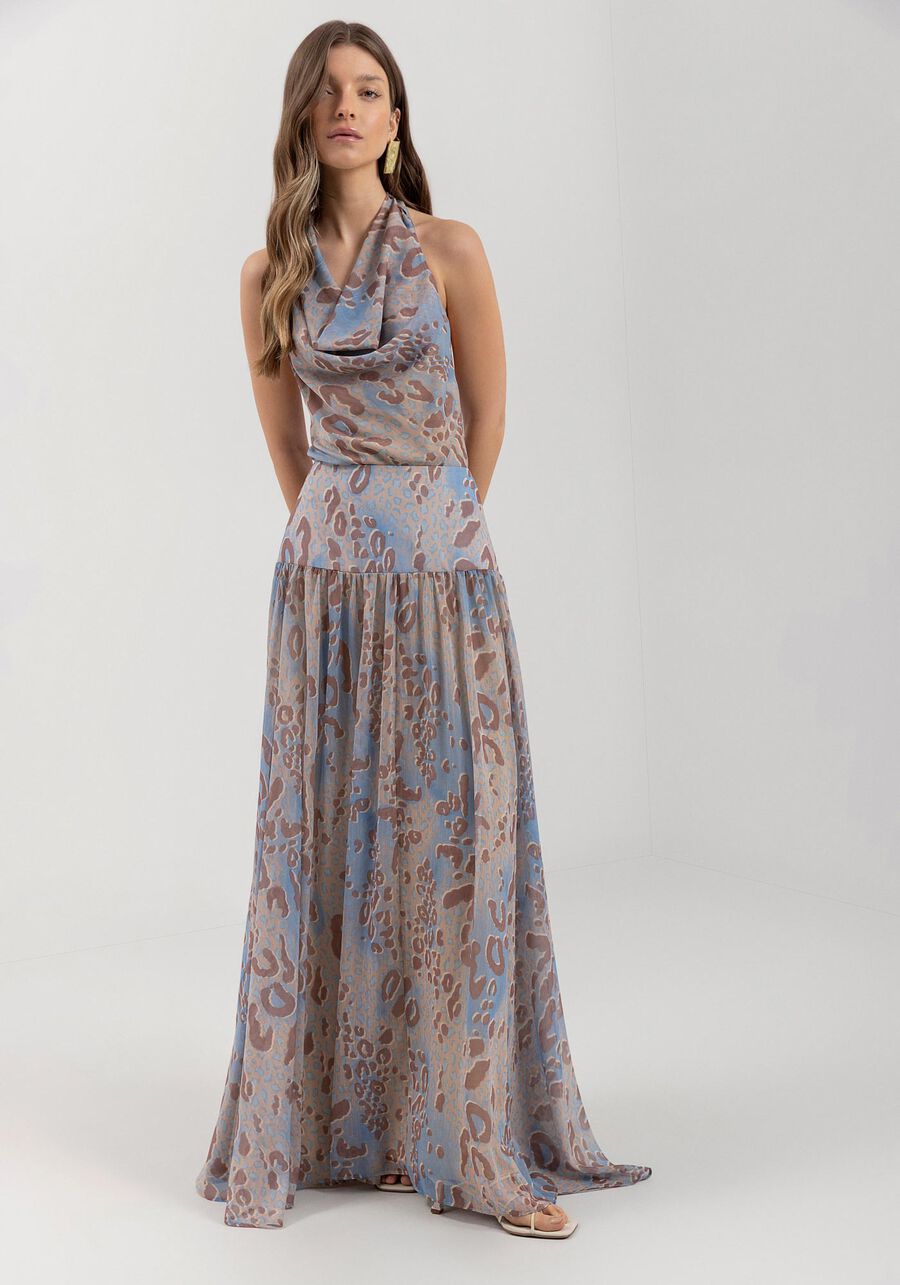 Saia Longa Fluida Estampada Com Cintura Alta E Transparência, SAVAGE BEGE. Saia Longa Fluida Estampada Com Cintura Alta E Transparência, SAVAGE BEGE, large.