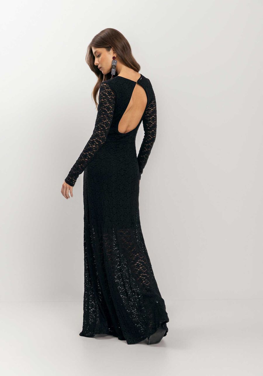 Vestido Longo De Renda Com Forro E Mangas, PRETO. Vestido Longo De Renda Com Forro E Mangas, PRETO, large.