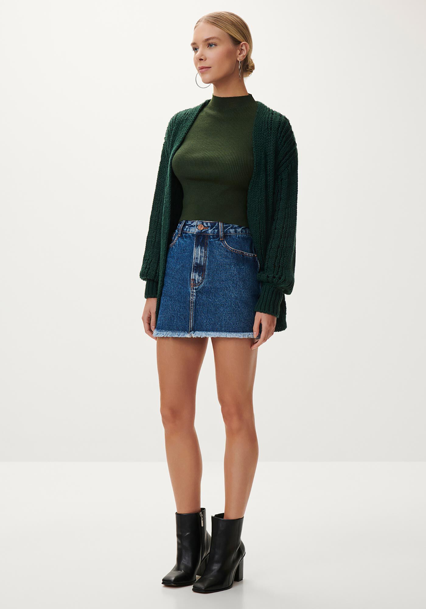 Saia Jeans Curta com Barra Desfiada, , large.