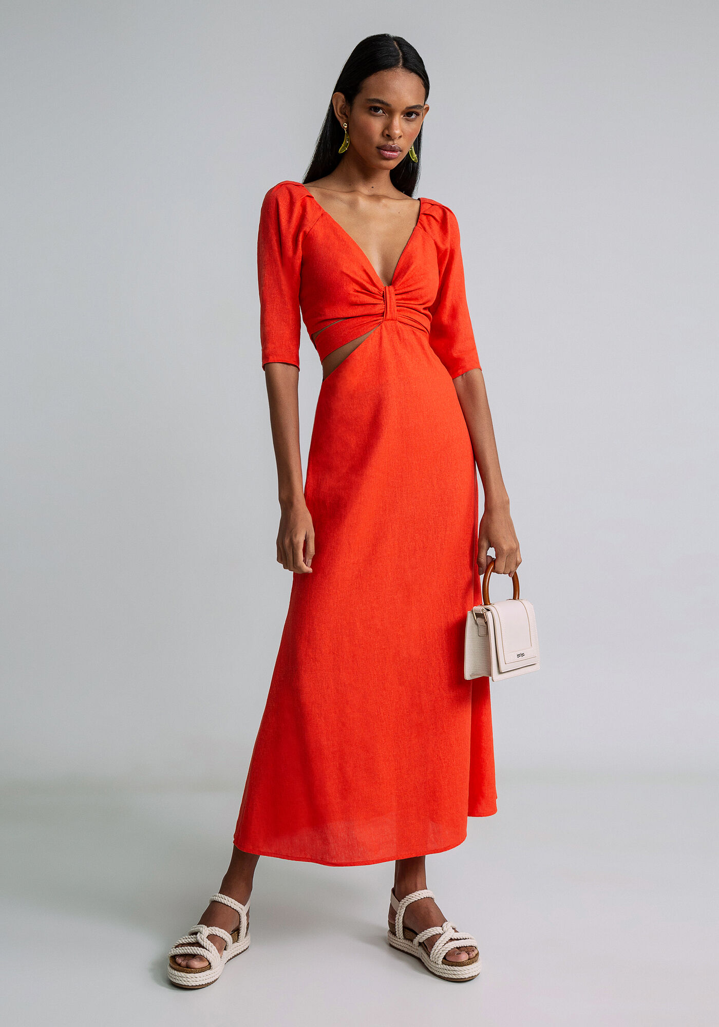 Vestido Mini Recorte Cintura Linho, LARANJA ESSENCE, large.