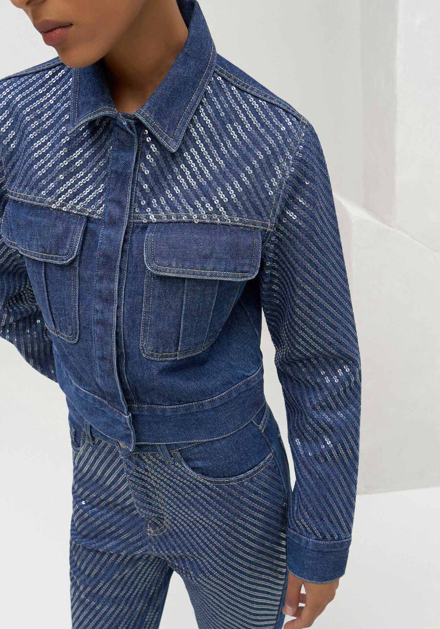 Jaqueta Jeans com Bolsos e Paetês, JEANS. Jaqueta Jeans com Bolsos e Paetês, JEANS, large.