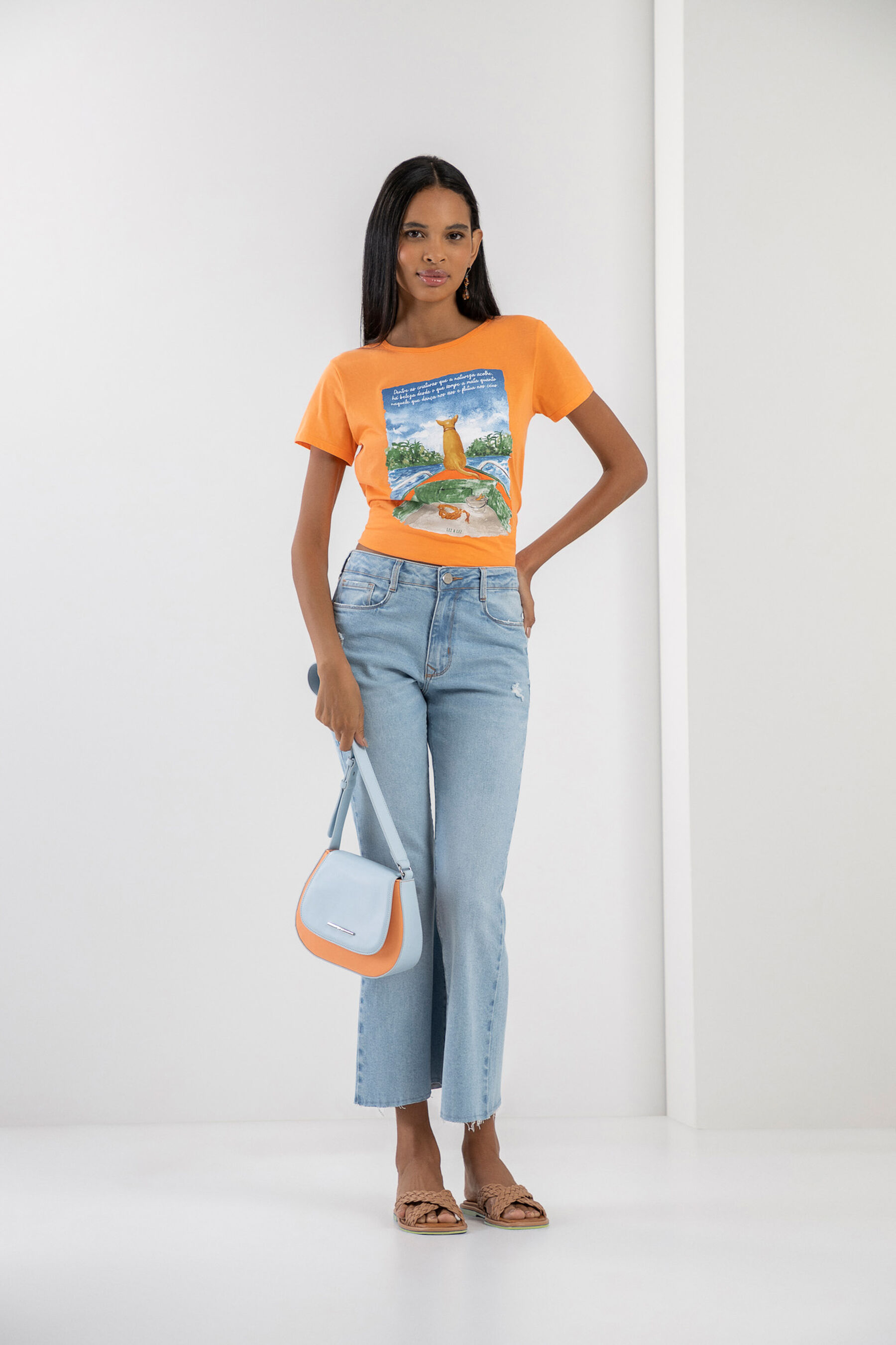 T-shirt em Malha Estampada, LARANJA STRING. T-shirt em Malha Estampada, LARANJA STRING, large.