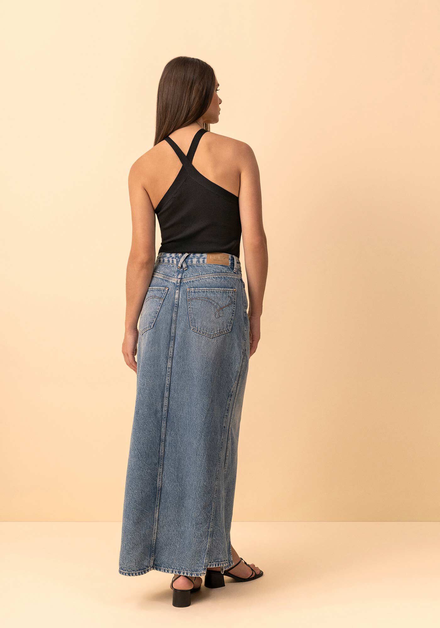 Saia Jeans Longa De Cintura Alta Com Fenda E Recortes, JEANS, large.