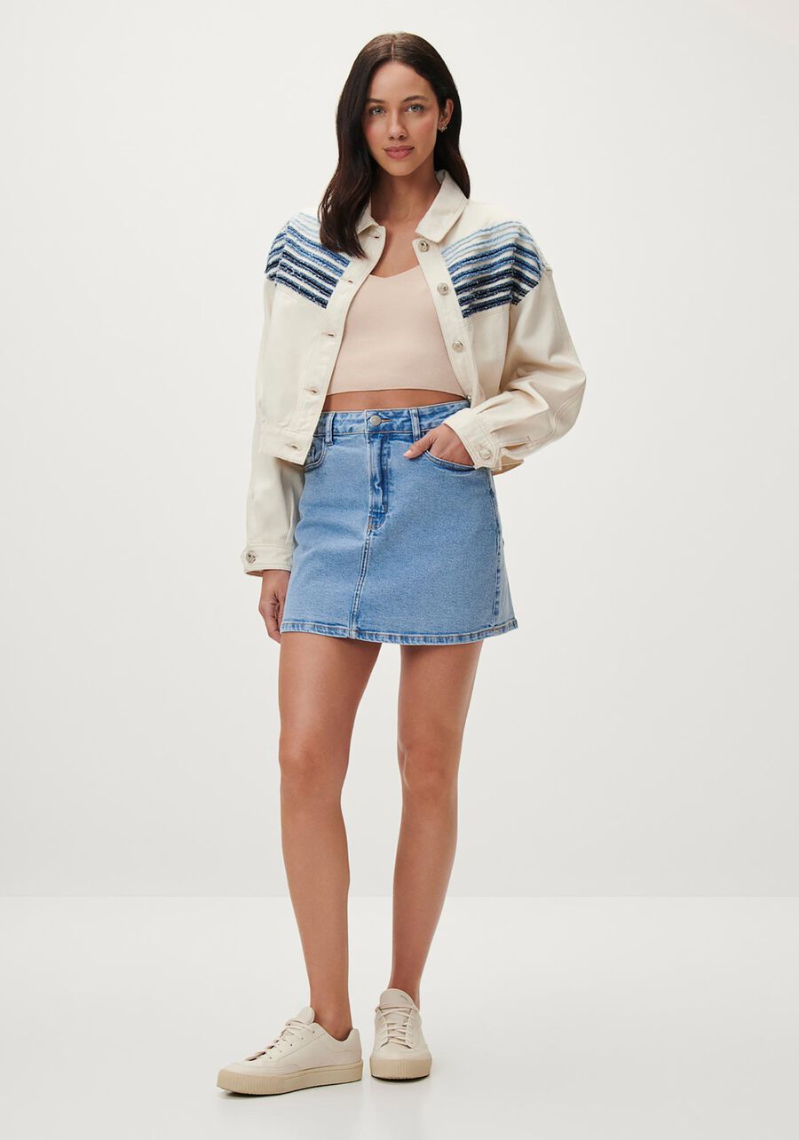 Saia Jeans Curta Cintura Alta com Elasticidade, . Saia Jeans Curta Cintura Alta com Elasticidade, , large.