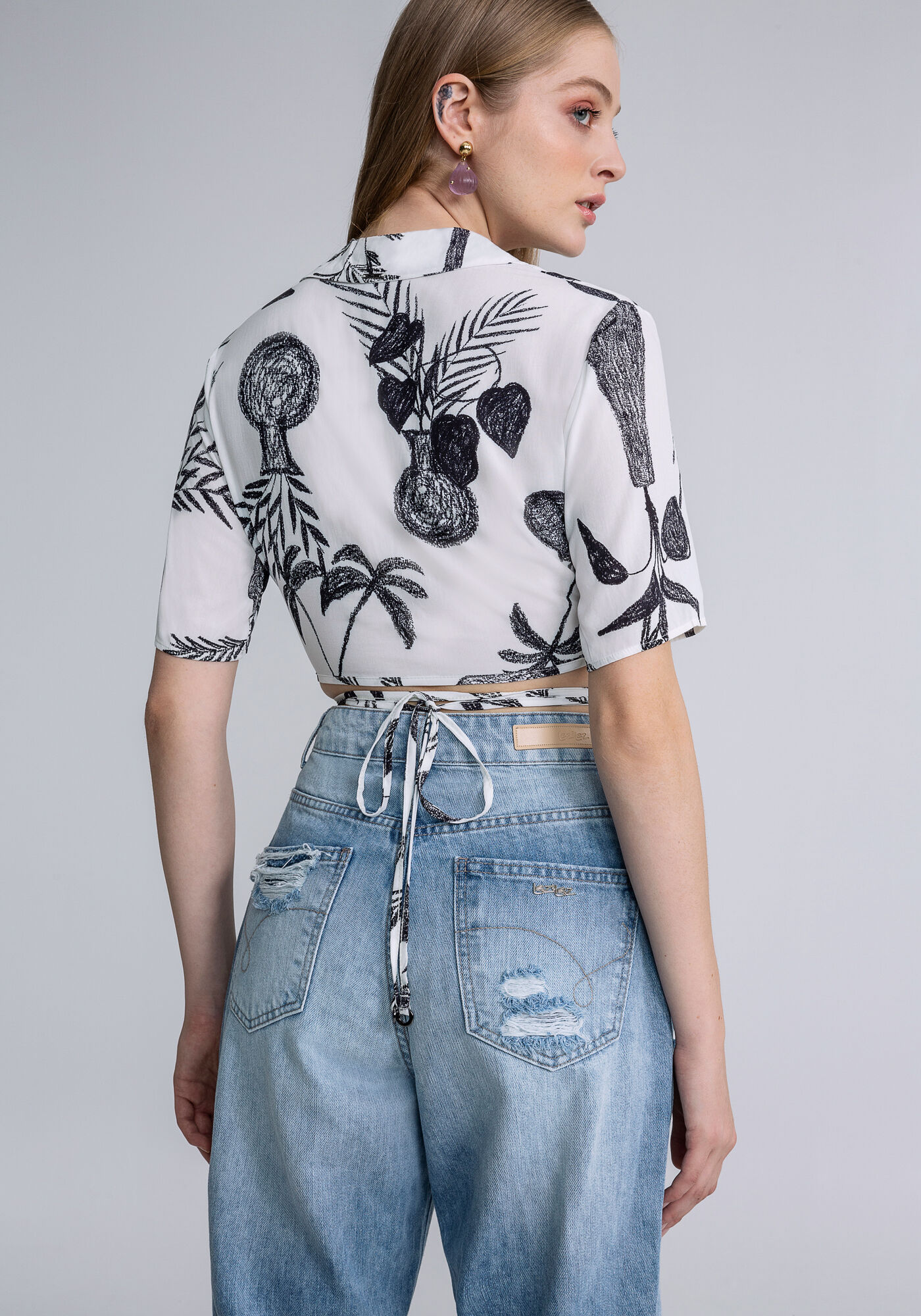 Blusa Manga 3/4 Franzido Estampa, CONTRASTE, large.