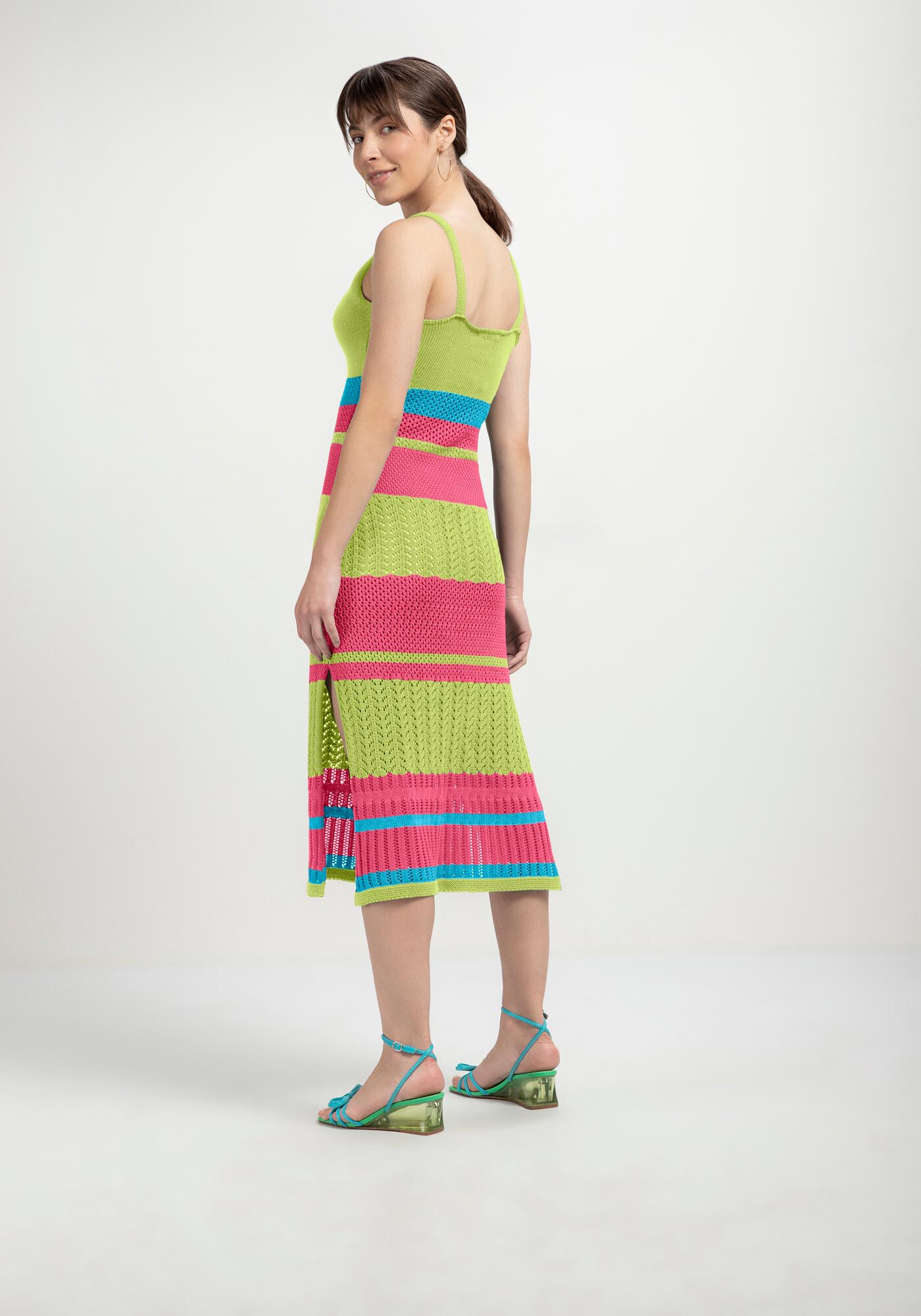 Vestido Midi Listrado em Tric&ocirc; com Fenda, , large.