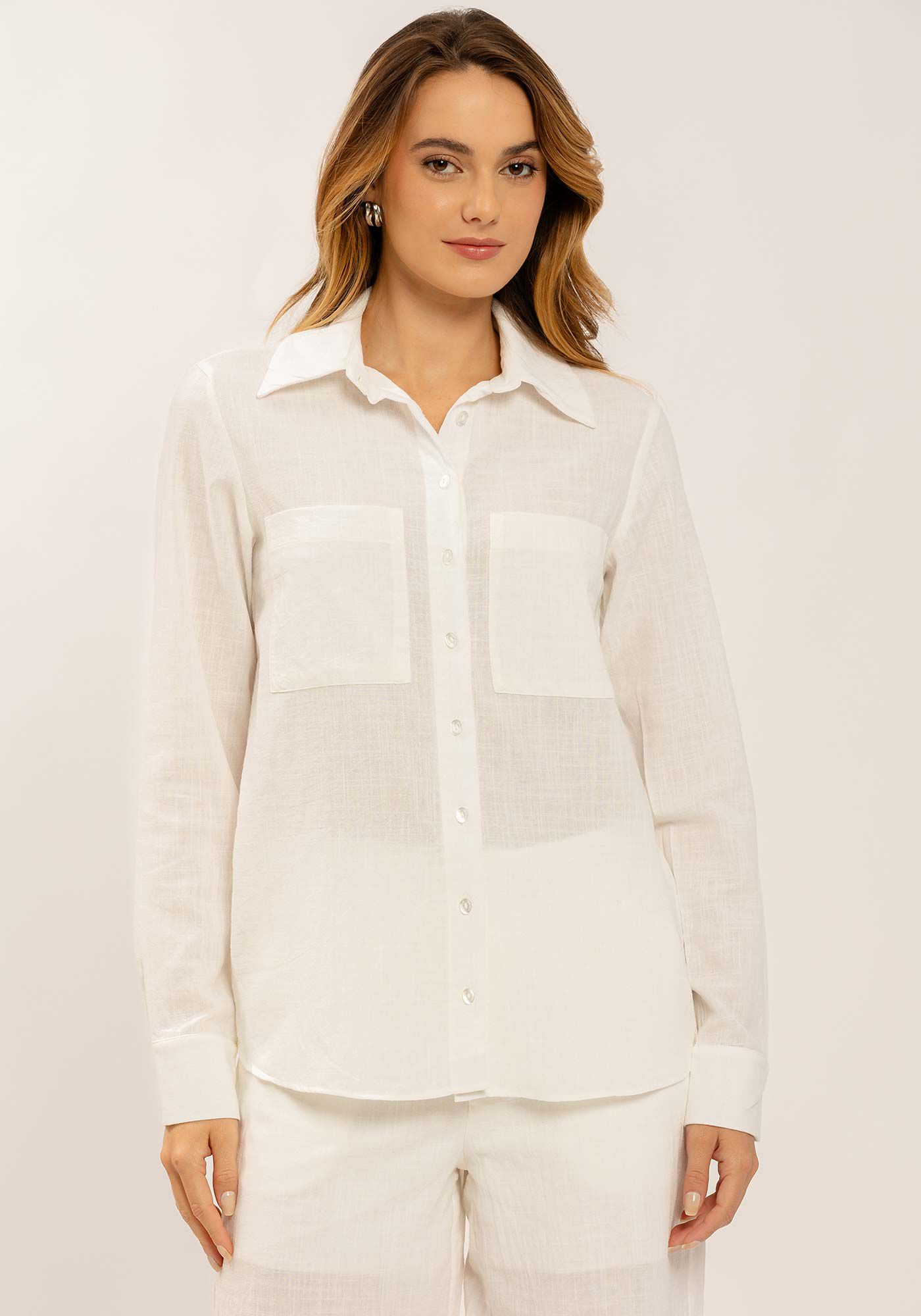 Camisa Manga Longa em Tecido Plano com Bolsos, , large.