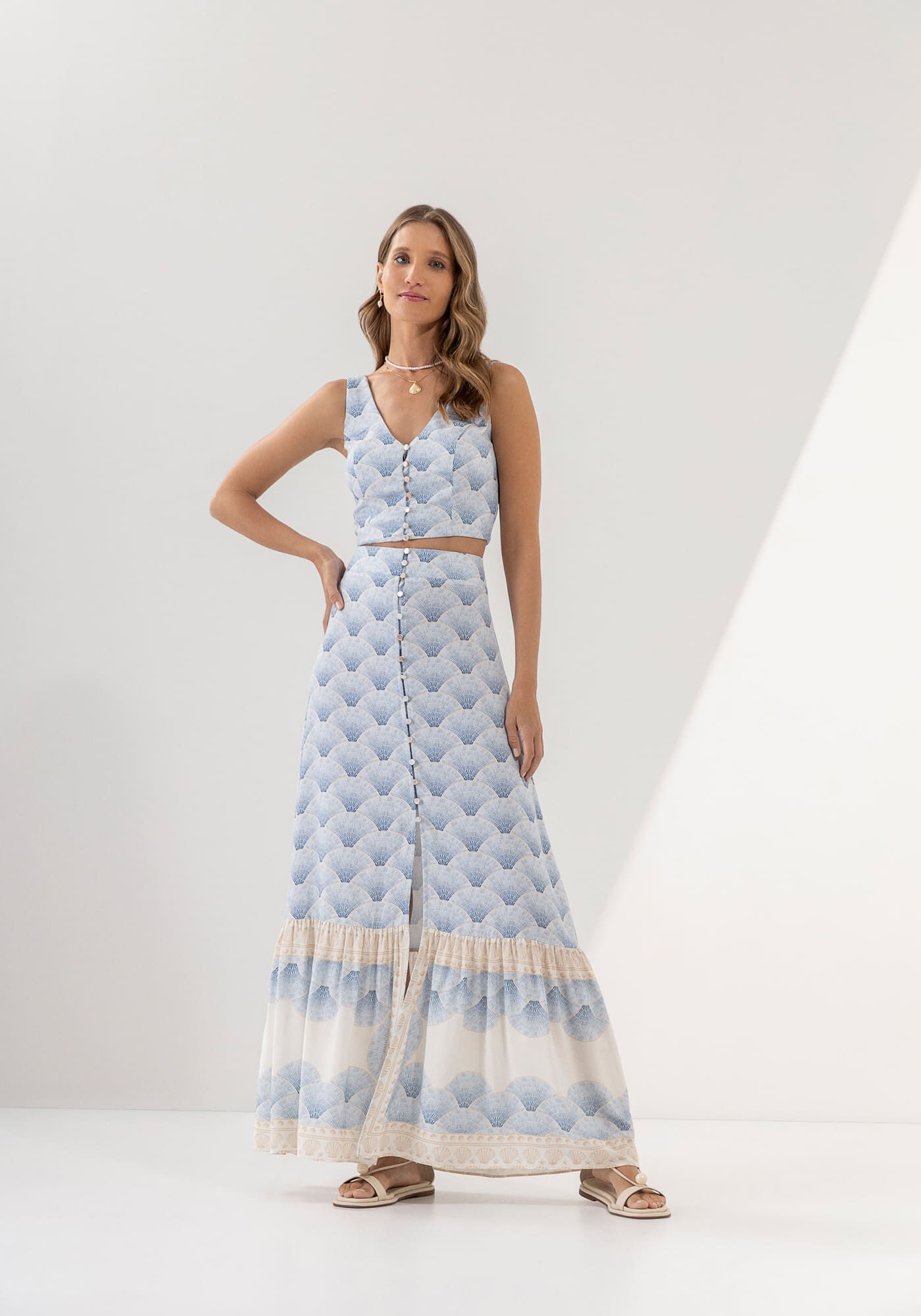 Saia longa best sale estampada com babado