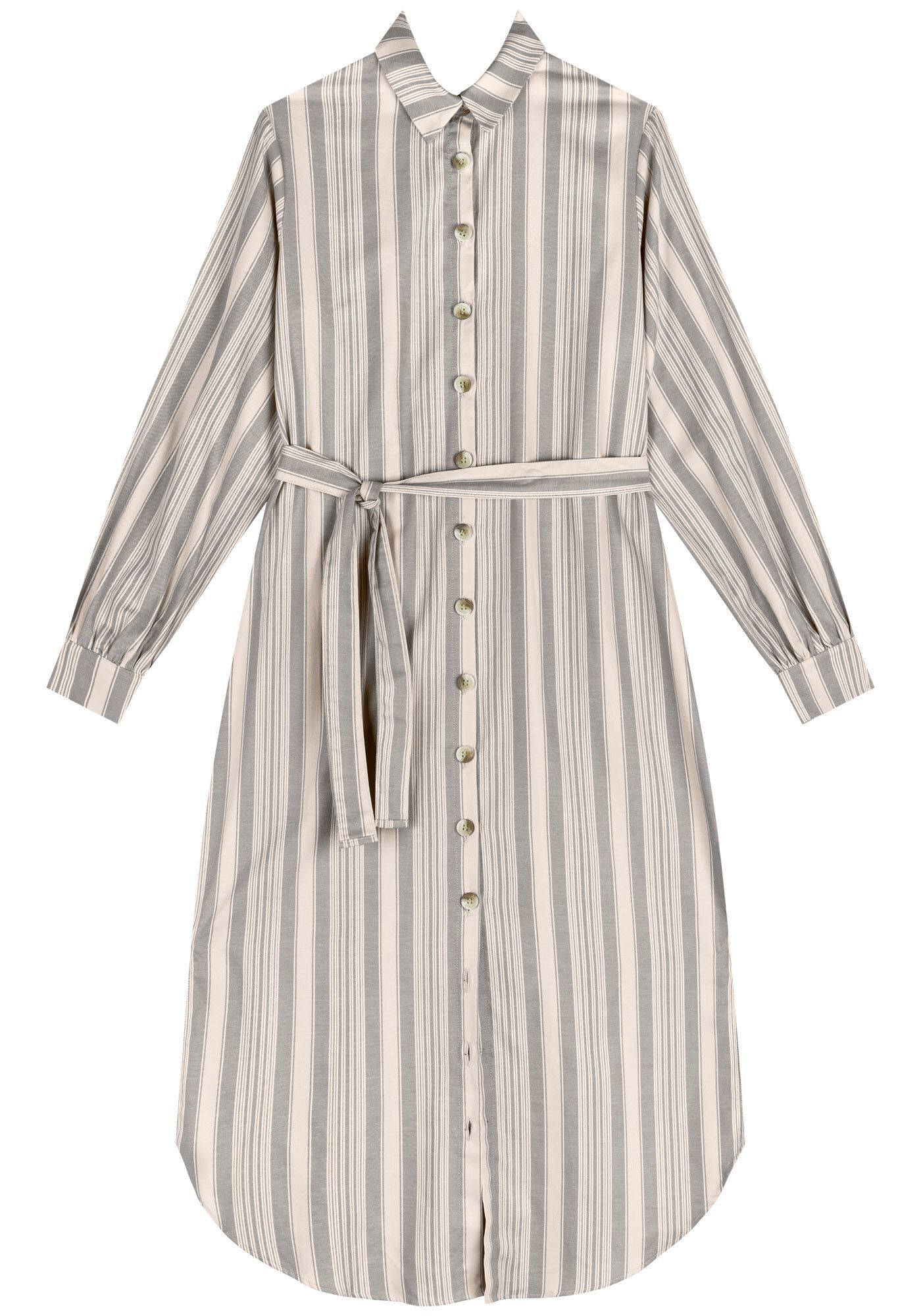 Vestido Listrado Midi Ch&aacute; Com Bot&otilde;es E Faixa Ajust&aacute;vel, , large.