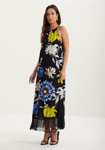 Vestido Longo Estampado Com Franjas Na Barra, FLORA PRETO. Vestido Longo Estampado Com Franjas Na Barra, FLORA PRETO, large.