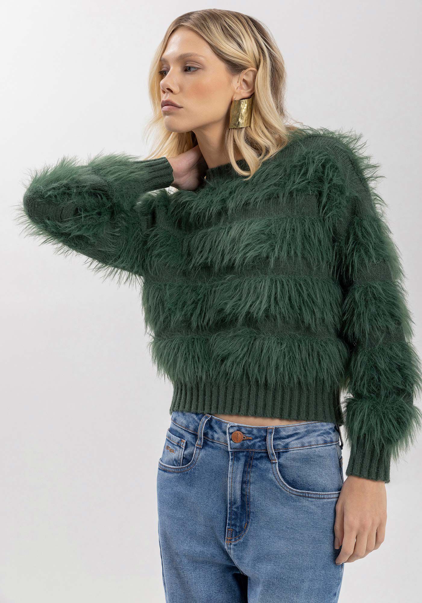 Blus&atilde;o De Mangas Longas Em Tric&ocirc; Com Pelos, , large.