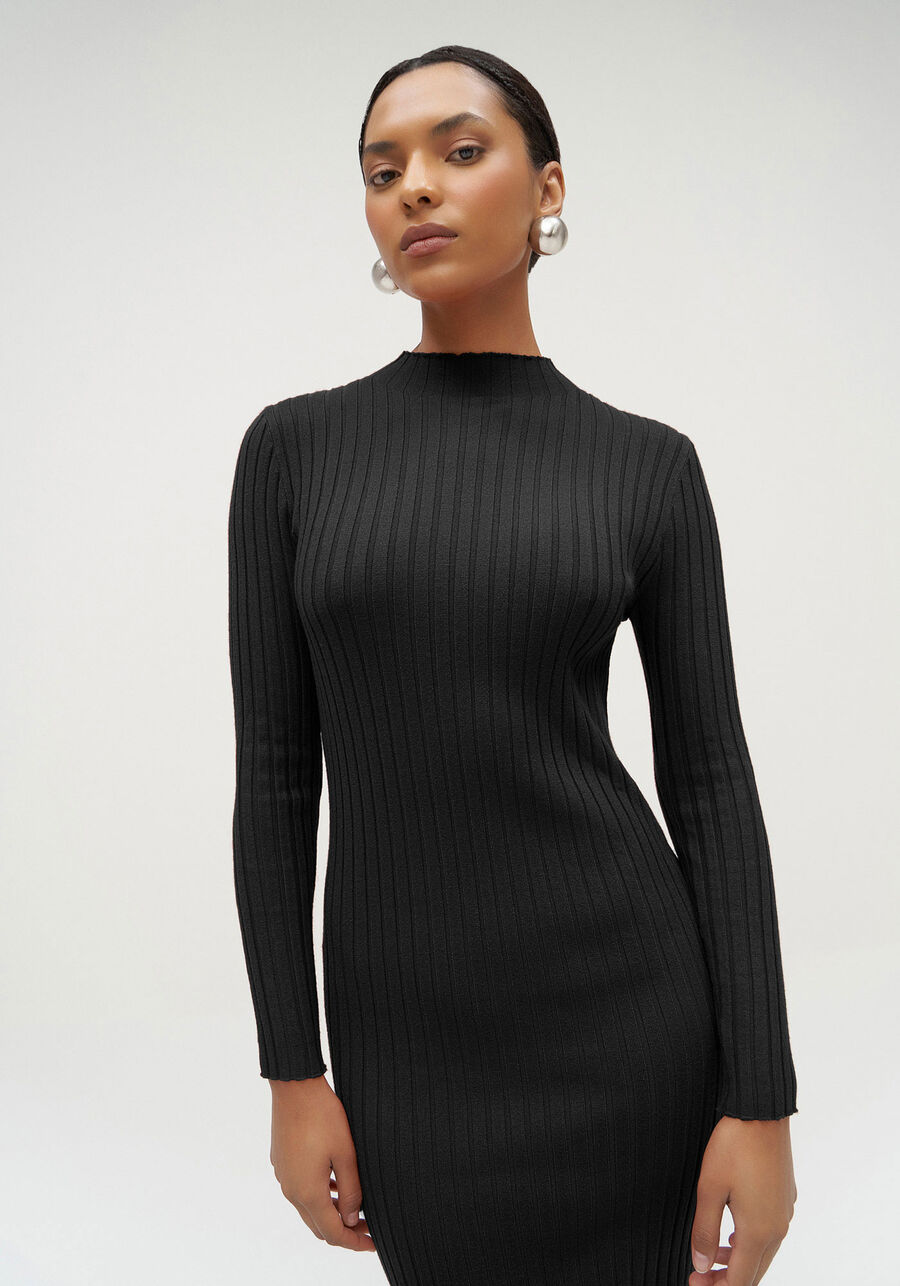 Vestido Midi Tricô Manga Longa, PRETO REATIVO. Vestido Midi Tricô Manga Longa, PRETO REATIVO, large.