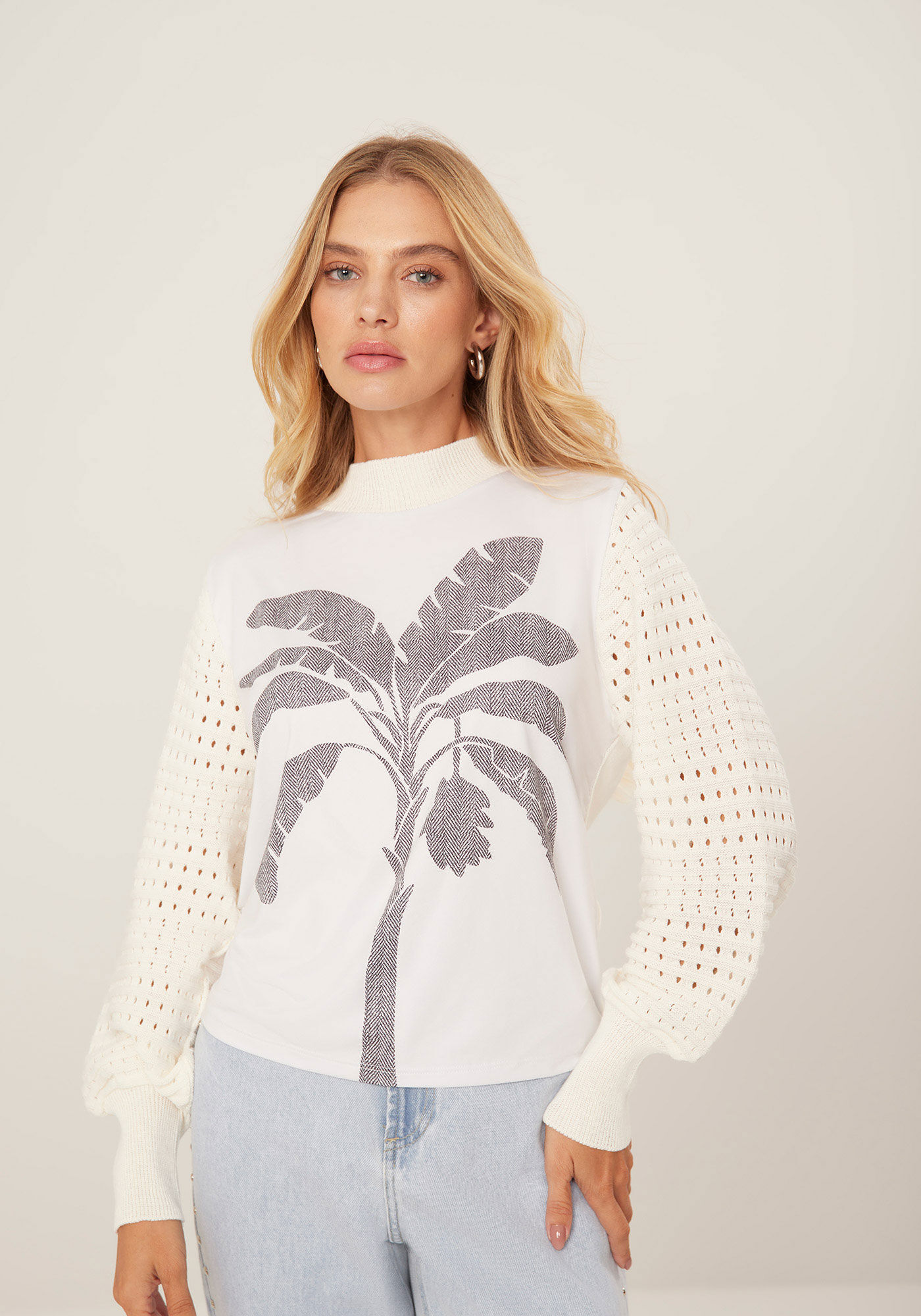 Blus&atilde;o Estampado em Tric&ocirc; com Mangas Bufantes, , large.