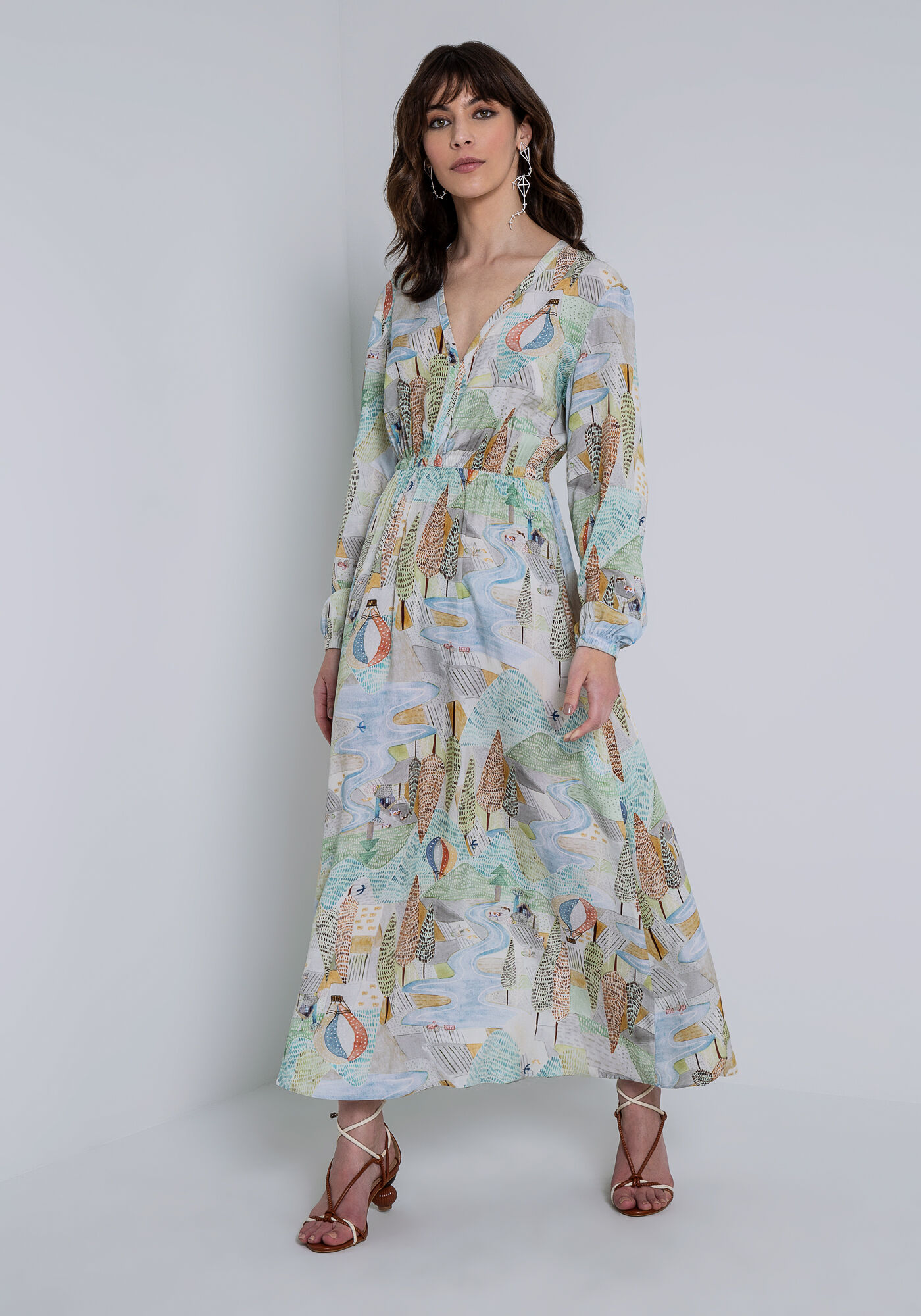 Vestido Midi Manga Longa em Viscose Estampado, FLUTUAR, large.