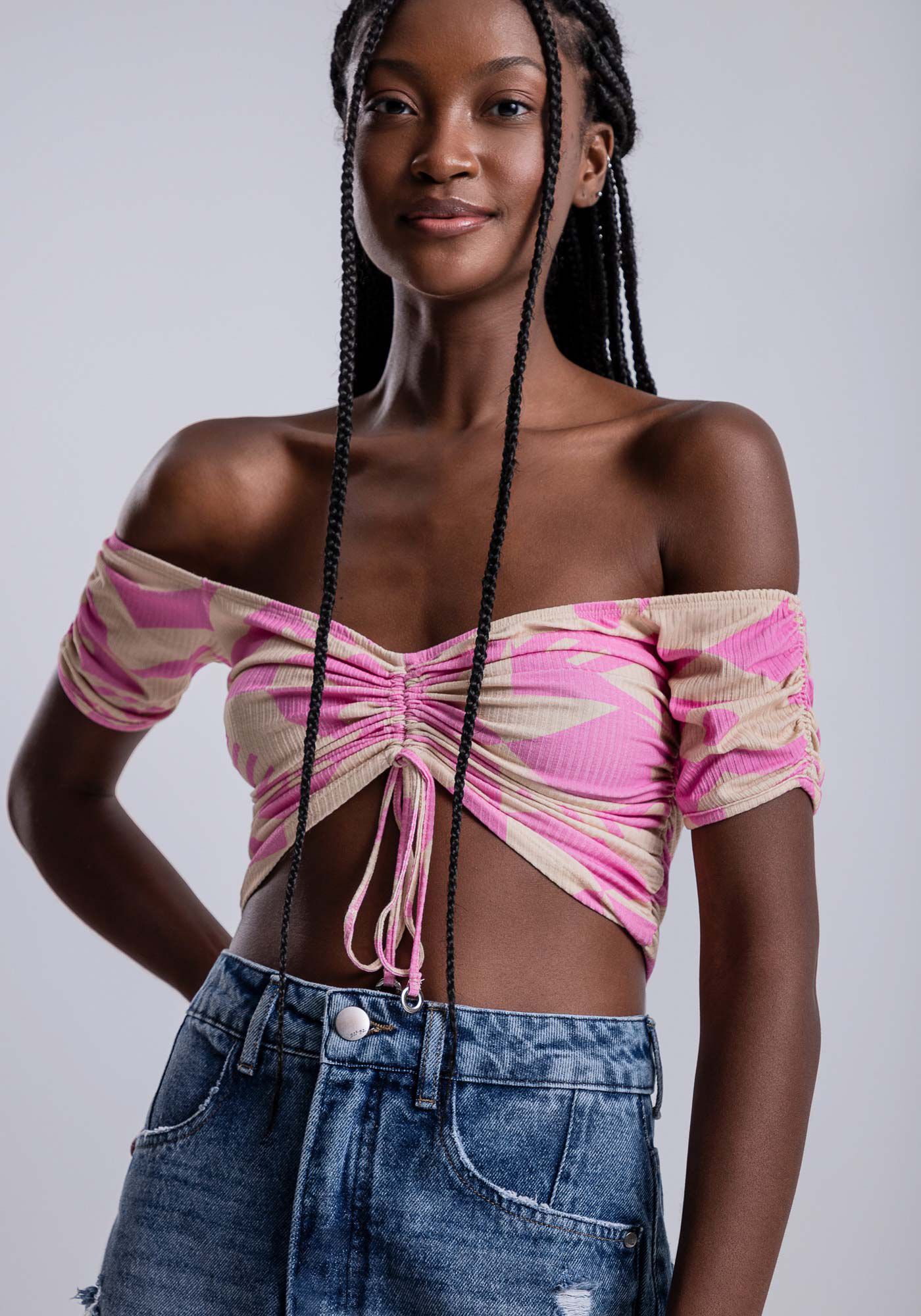 Blusa Ombro a Ombro Canelada com Amarra&ccedil;&atilde;o, , large.