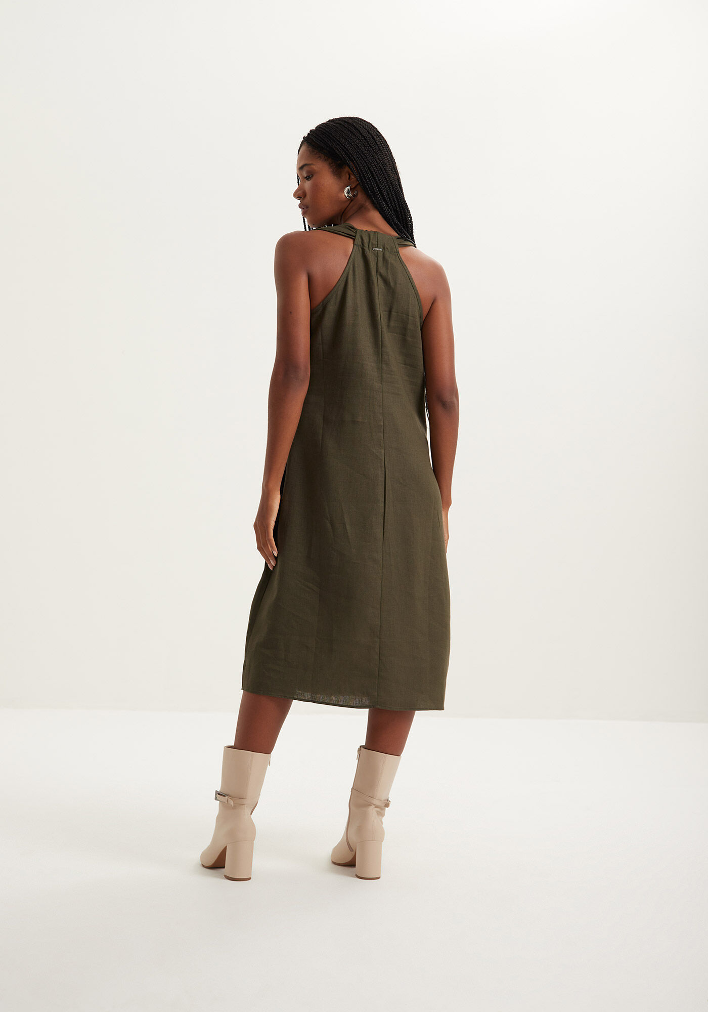 Vestido Midi Com Decote V Em Linho E Viscose, , large.