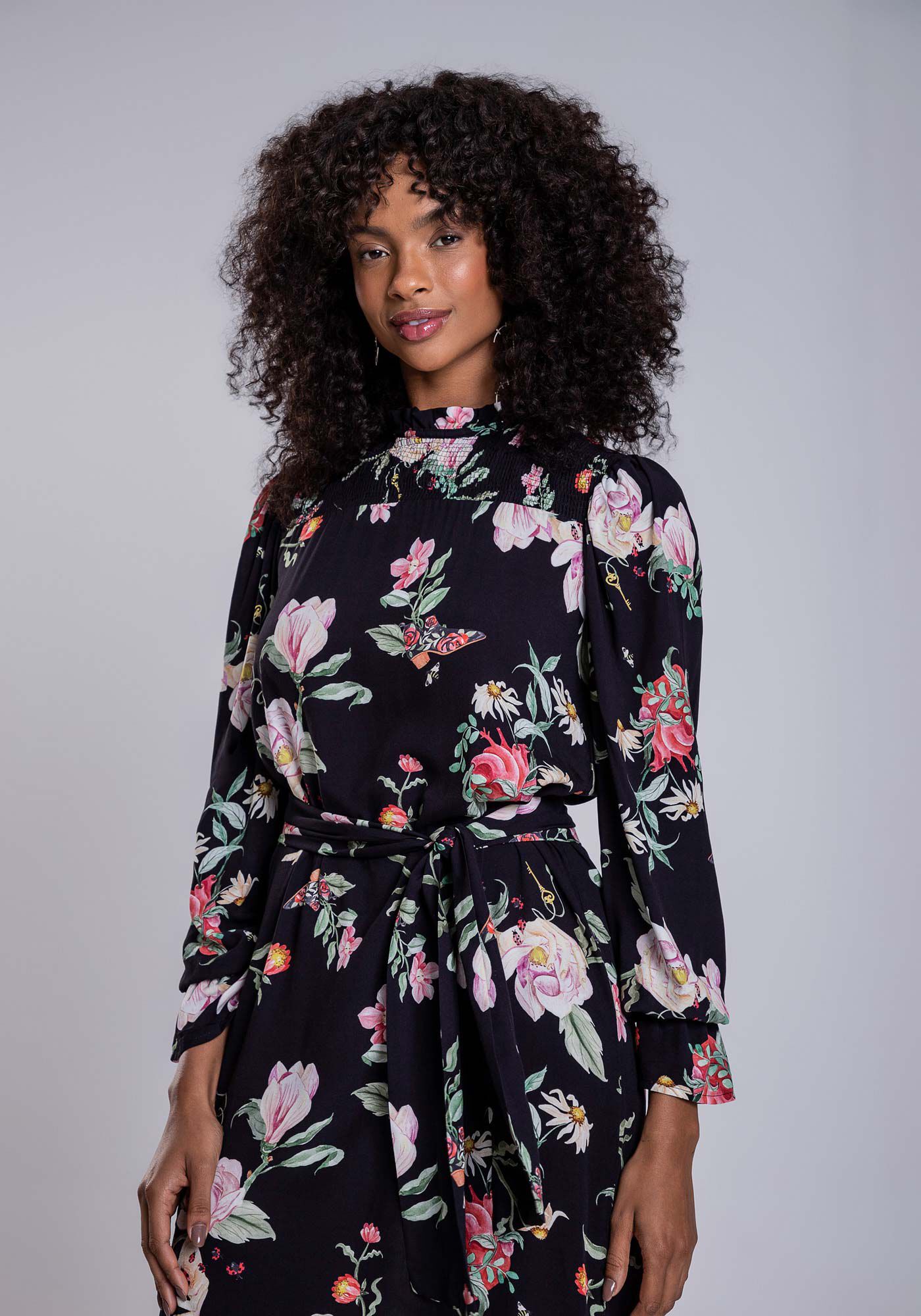 Vestido Midi Estampado com Lastex Cinto, , large.