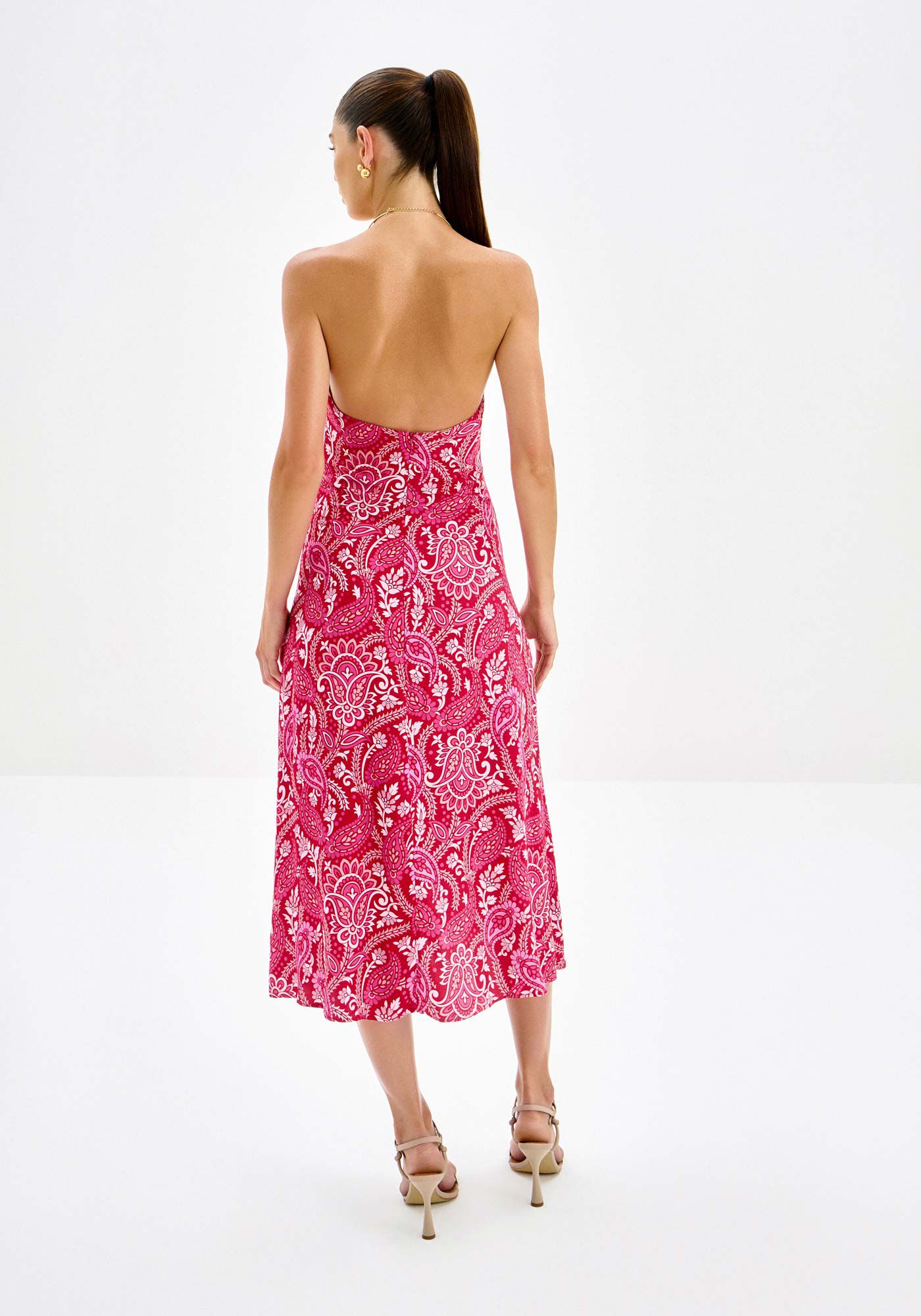 Vestido Midi Estampado com Gargantilha, , large.