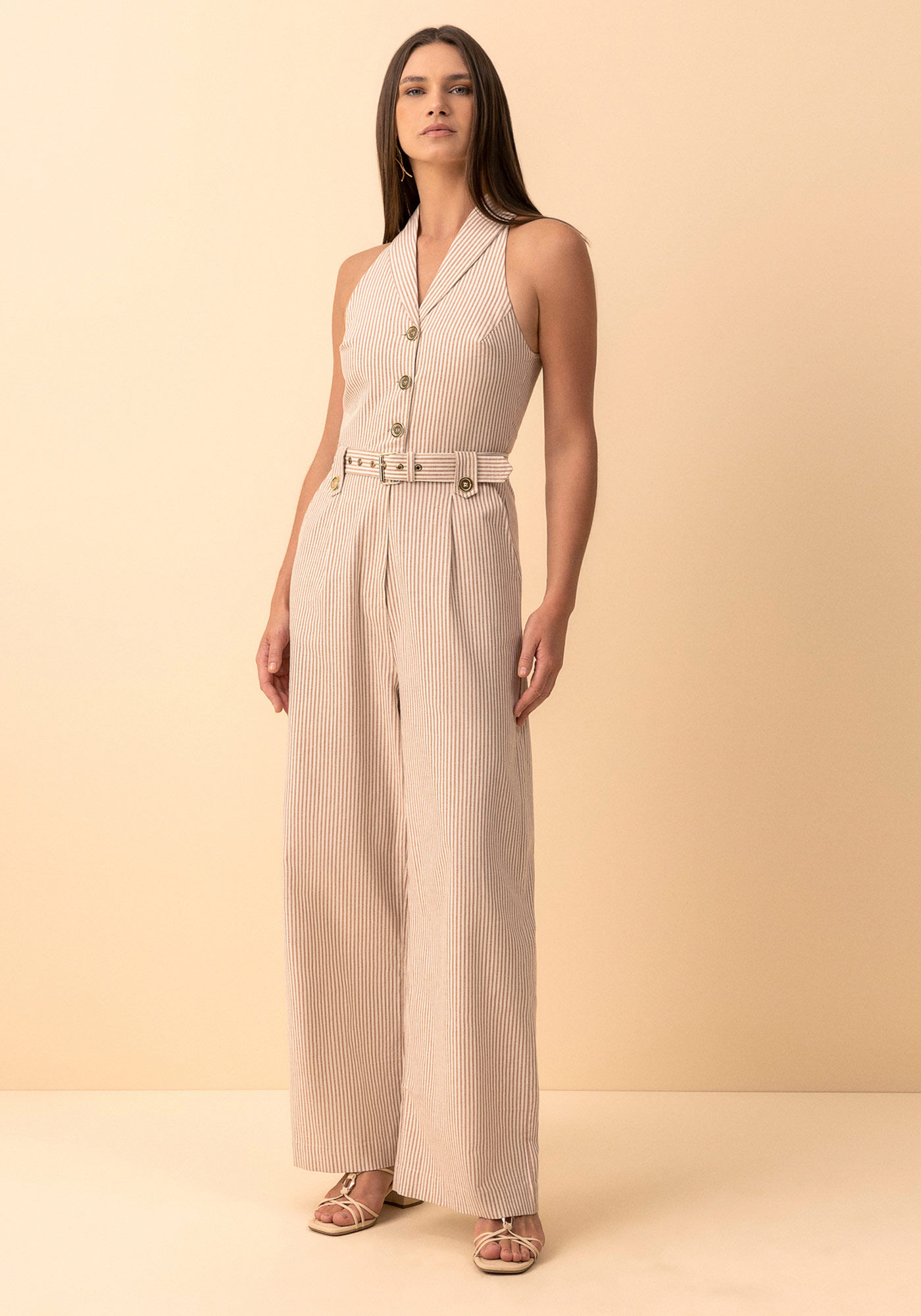 Macac&atilde;o Longo Listrado Com Cinto Em Algod&atilde;o, BEGE ZEFIRO, large.