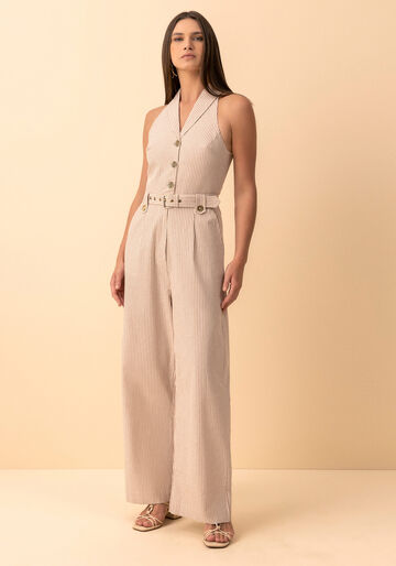 Macacão Longo Listrado Com Cinto Em Algodão, BEGE ZEFIRO. Macacão Longo Listrado Com Cinto Em Algodão, BEGE ZEFIRO, large.