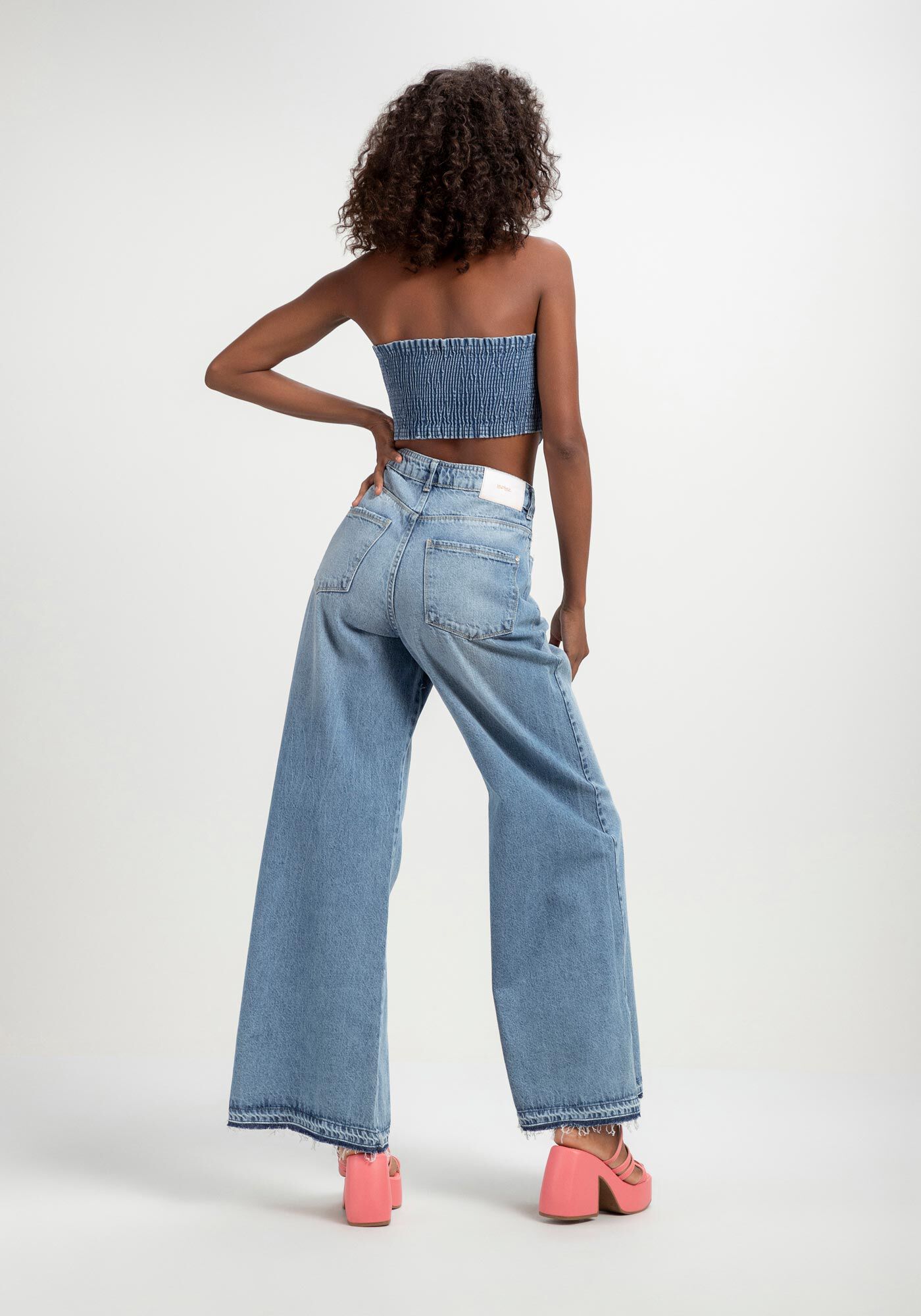 Blusa Jeans Sem Al&ccedil;a Cropped Corset Concha, JEANS, large.