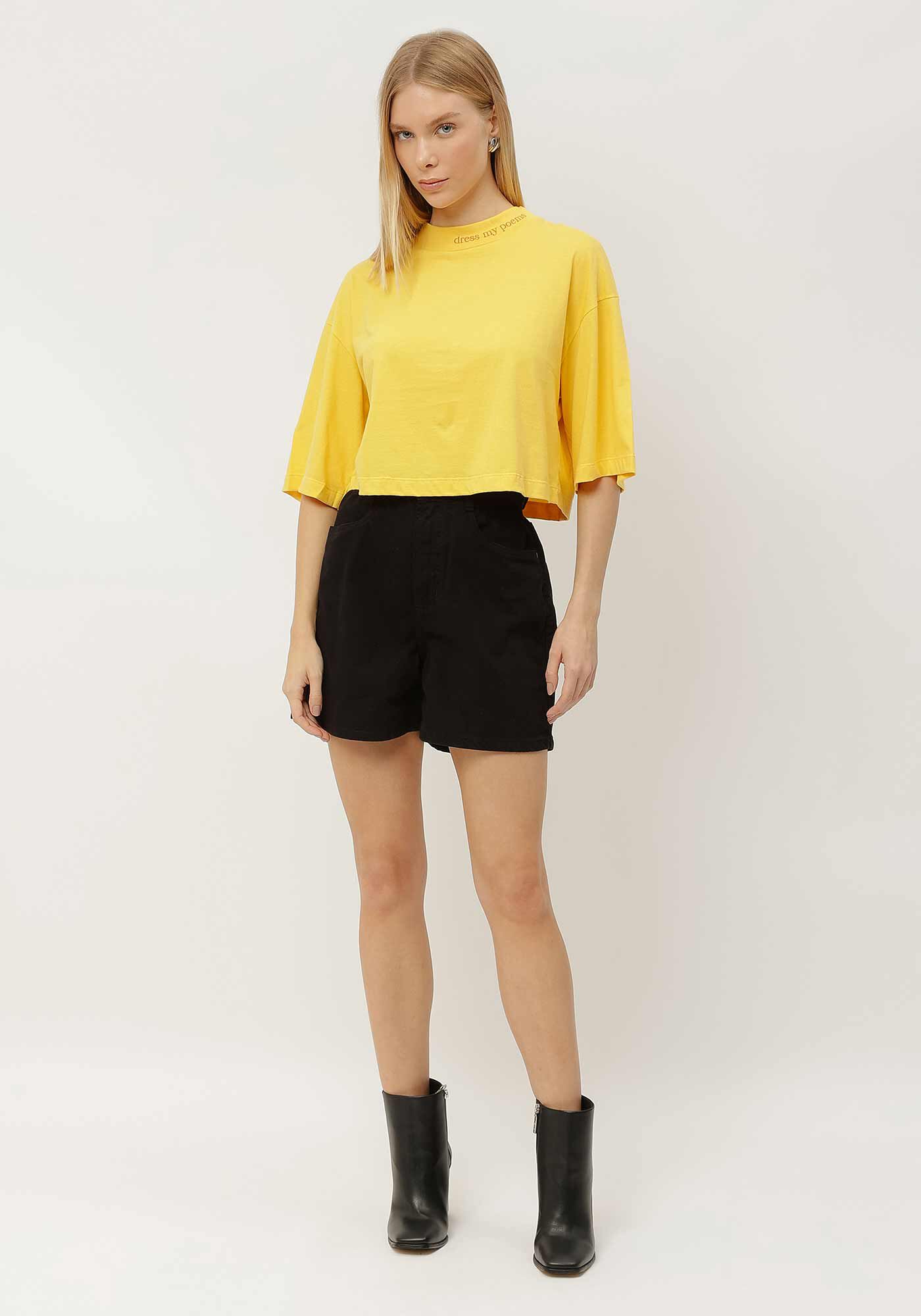 T-shirt Cropped Oversized com Gola, AMARELO RADIANTE, large.