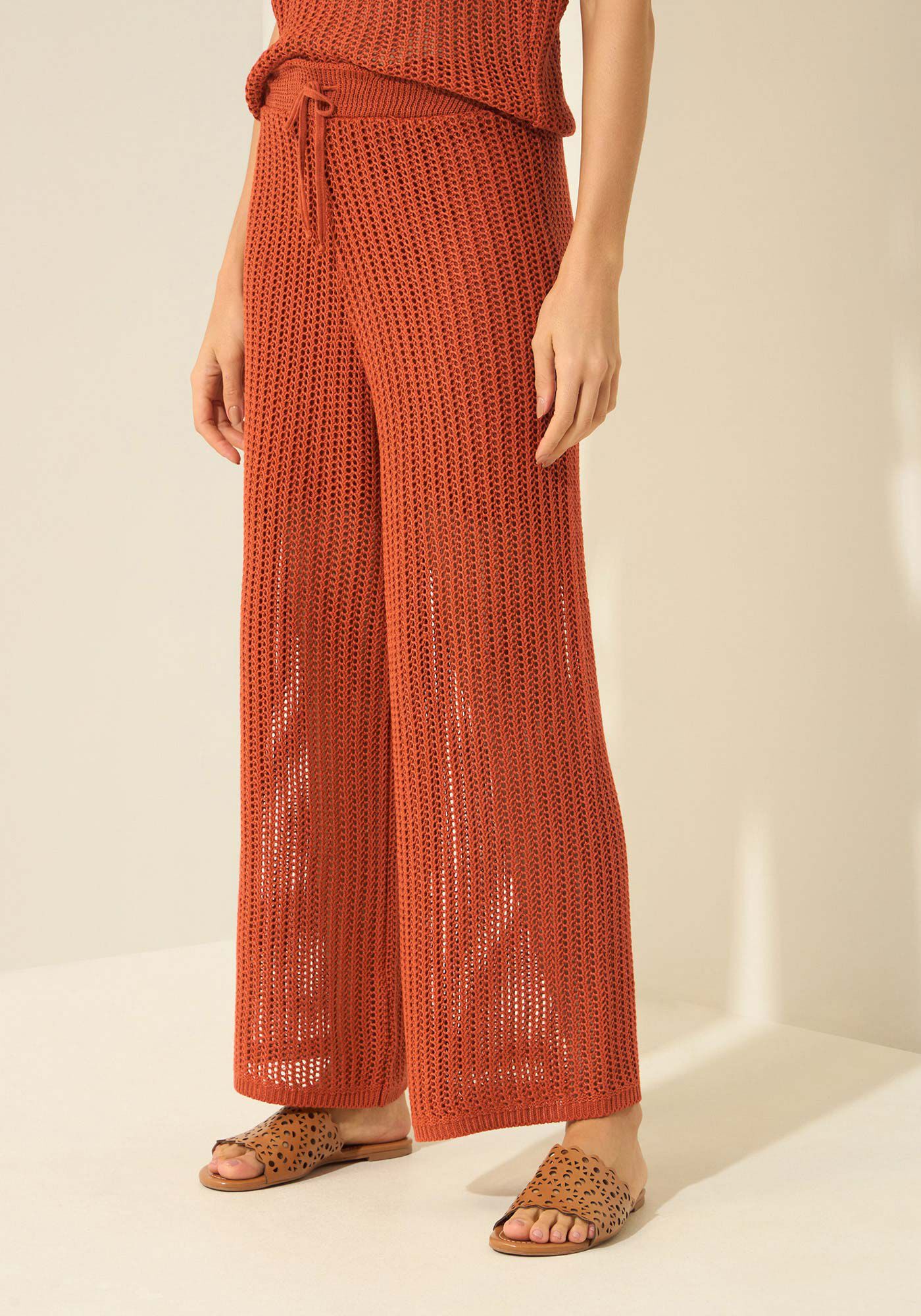 Cal&ccedil;a Reta De Cintura Alta Em Malha Tric&ocirc;, LARANJA LOOSE, large.