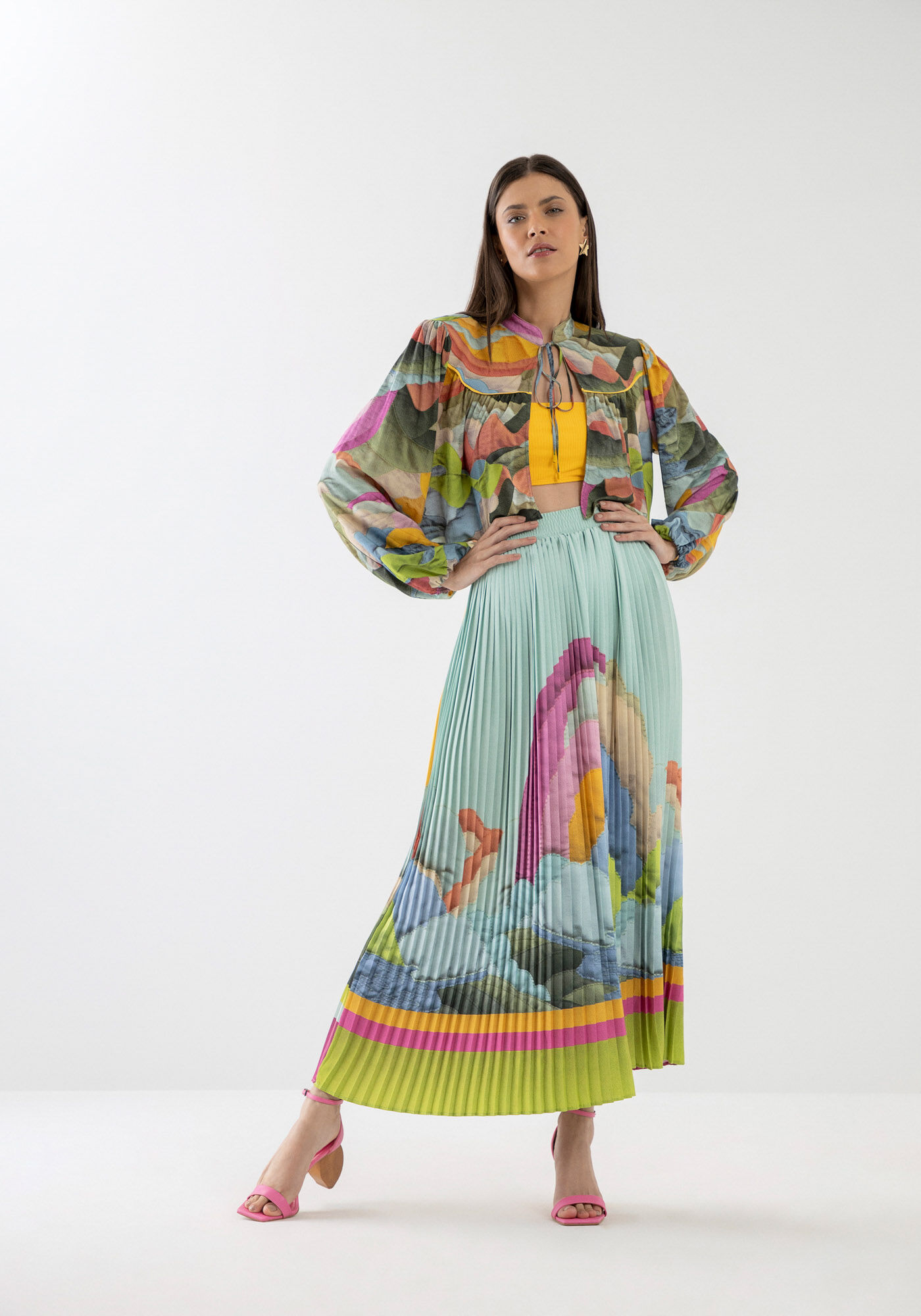 Blusa Cropped Manga Bufante com Top Reto, , large.