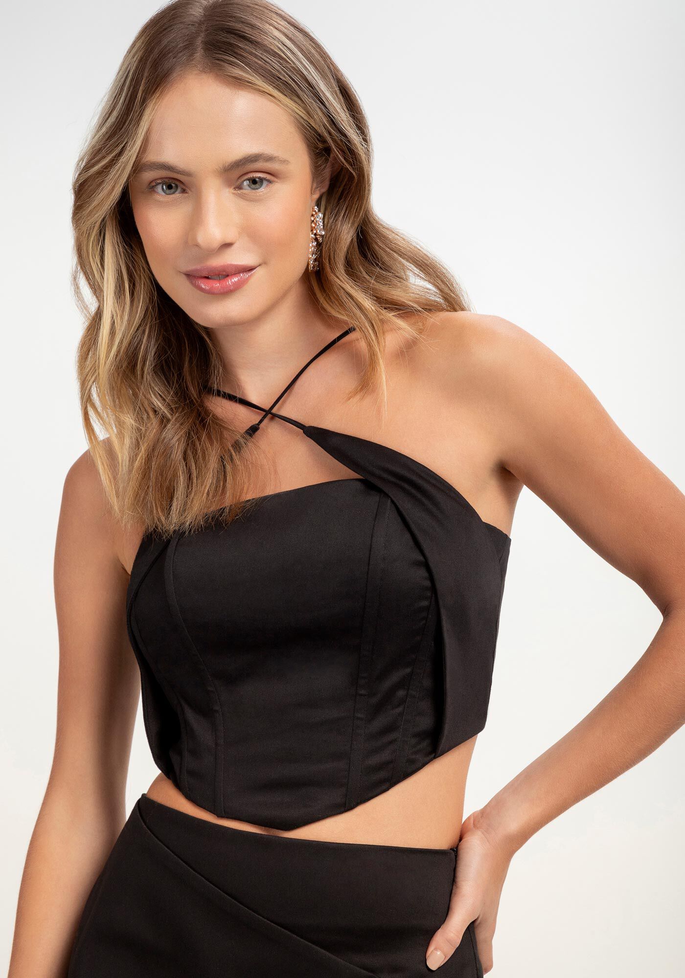 Blusa Cropped Corset com Decote Cruzado, PRETO REATIVO, large.