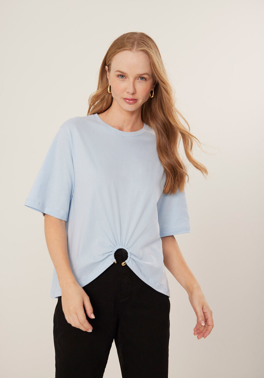 Blusa Em Algodão Com Mangas Médias E Argola Frontal, . Blusa Em Algodão Com Mangas Médias E Argola Frontal, , large.