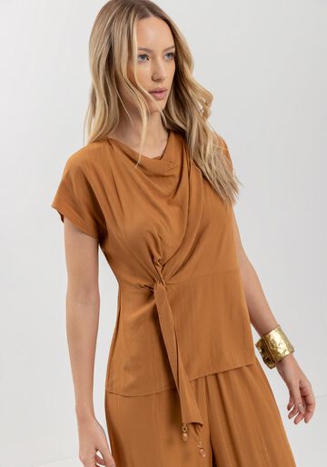 Blusa De Mangas Curtas Em Viscose Com Fios De Lurex, MARROM ESPERADO. Blusa De Mangas Curtas Em Viscose Com Fios De Lurex, MARROM ESPERADO, large.