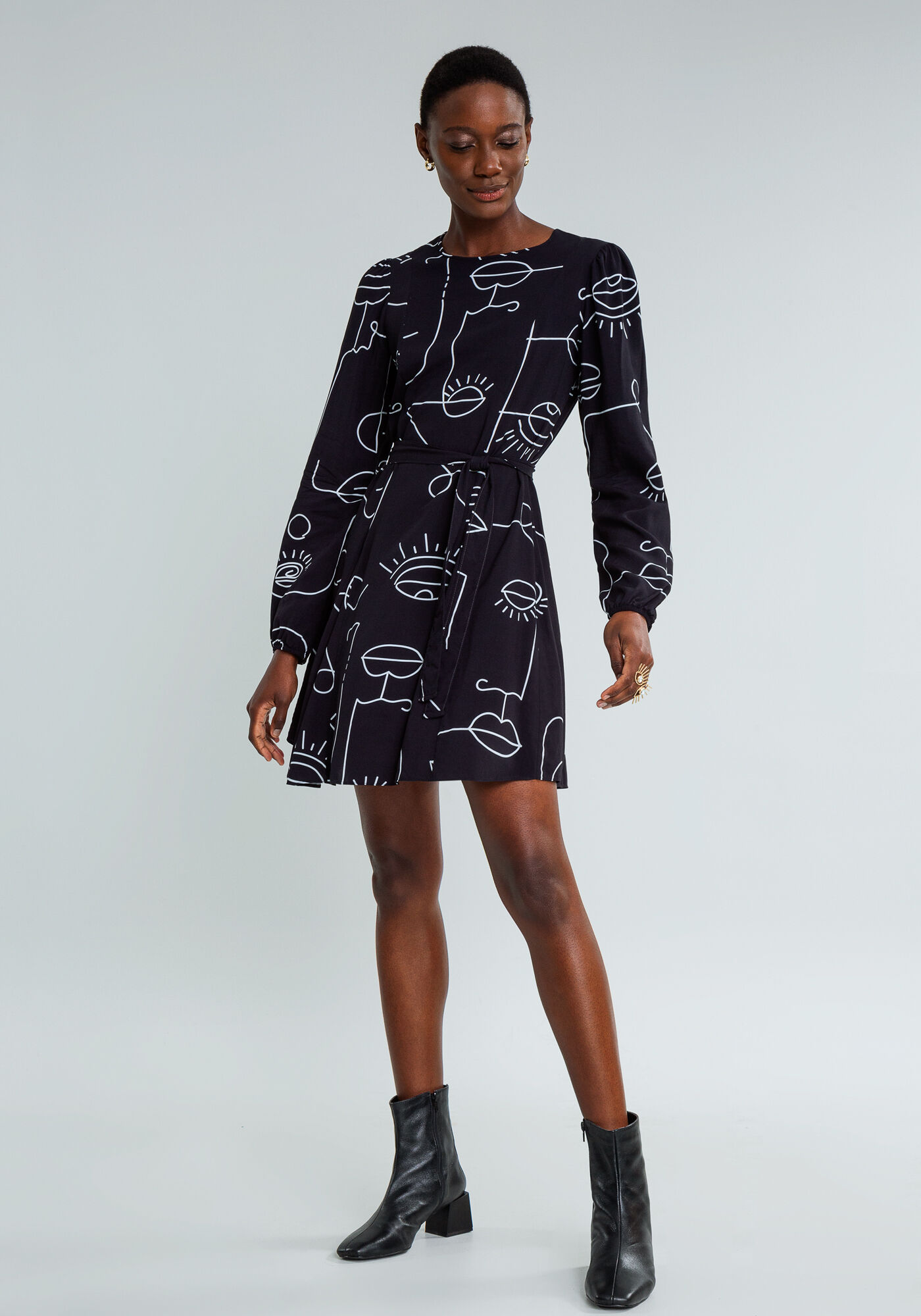 Vestido Estampado Manga Longa Faixa, , large.