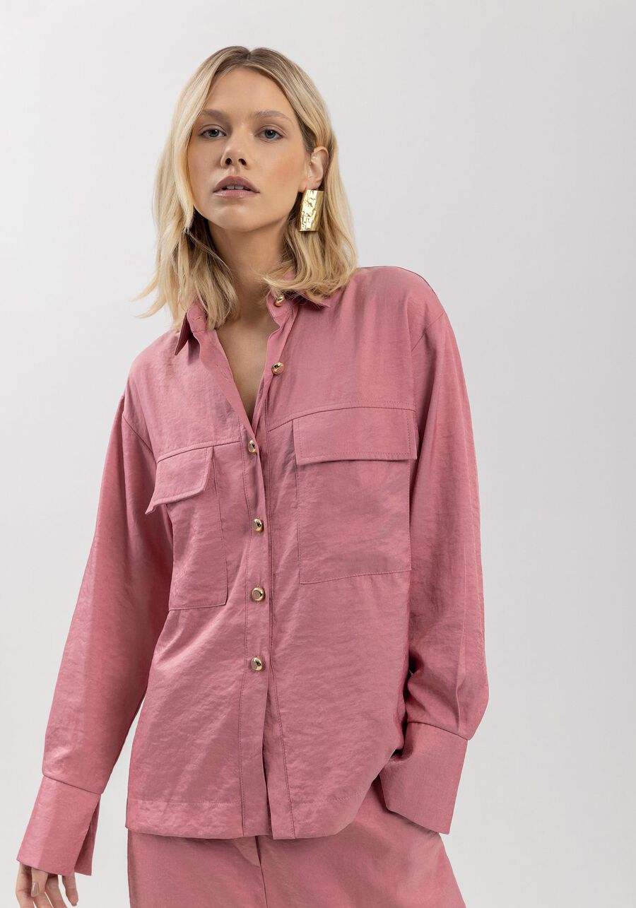 Camisa Alongada Com Bolsos Frontais E Fendas Nos Punhos, ROSA LAVANDER. Camisa Alongada Com Bolsos Frontais E Fendas Nos Punhos, ROSA LAVANDER, large.