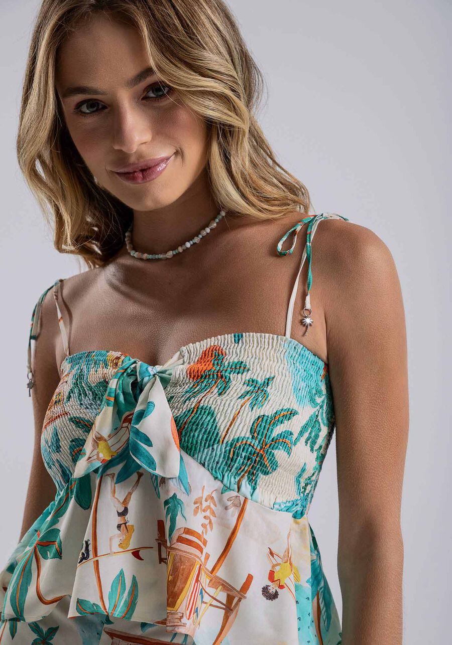 Blusa com Alças com Lastex e Amarração, PRAINHA. Blusa com Alças com Lastex e Amarração, PRAINHA, large.