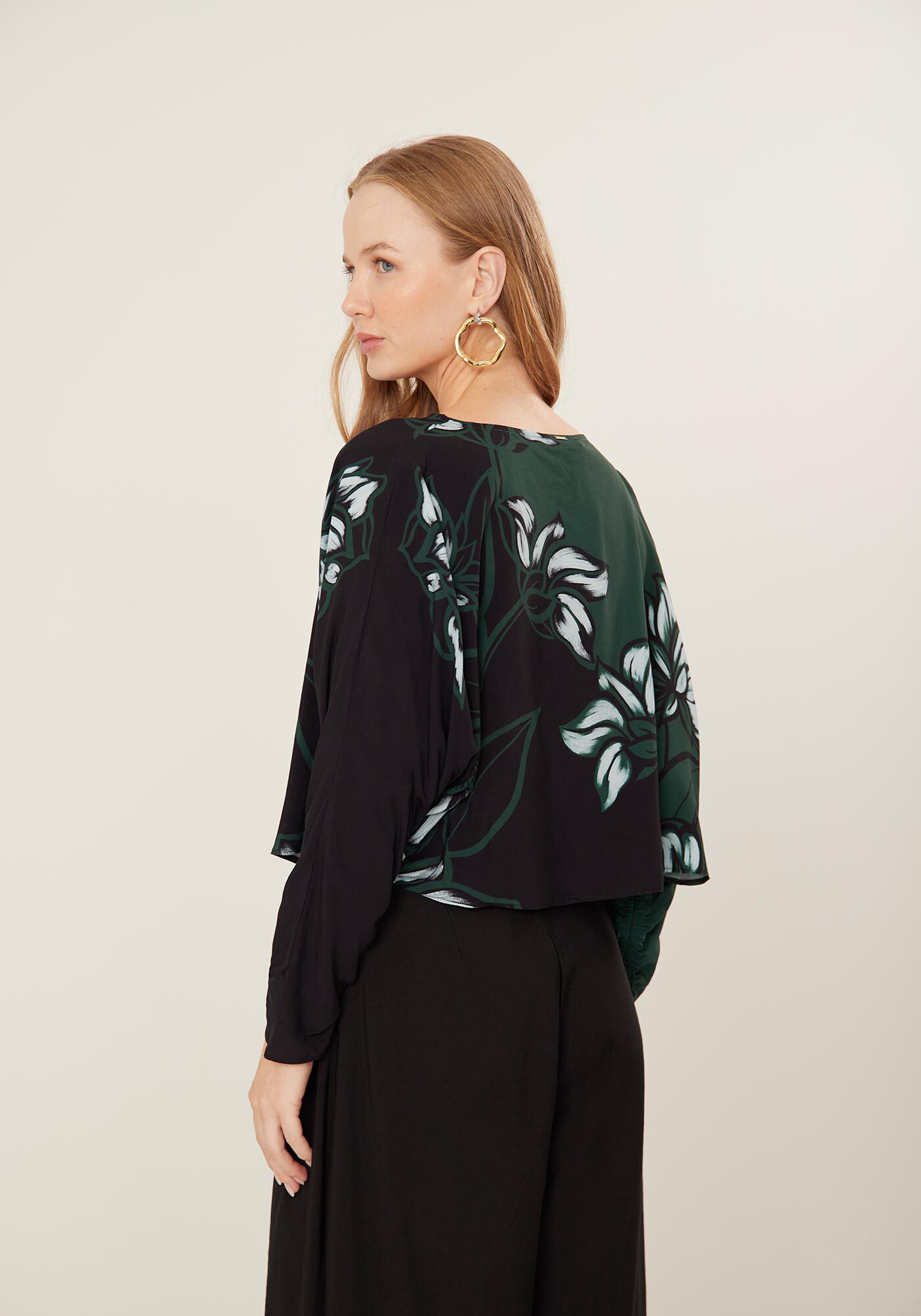 Blusa Curta Estampada Com Mangas Longas E Franzidos, ANEMONE VERDE, large.