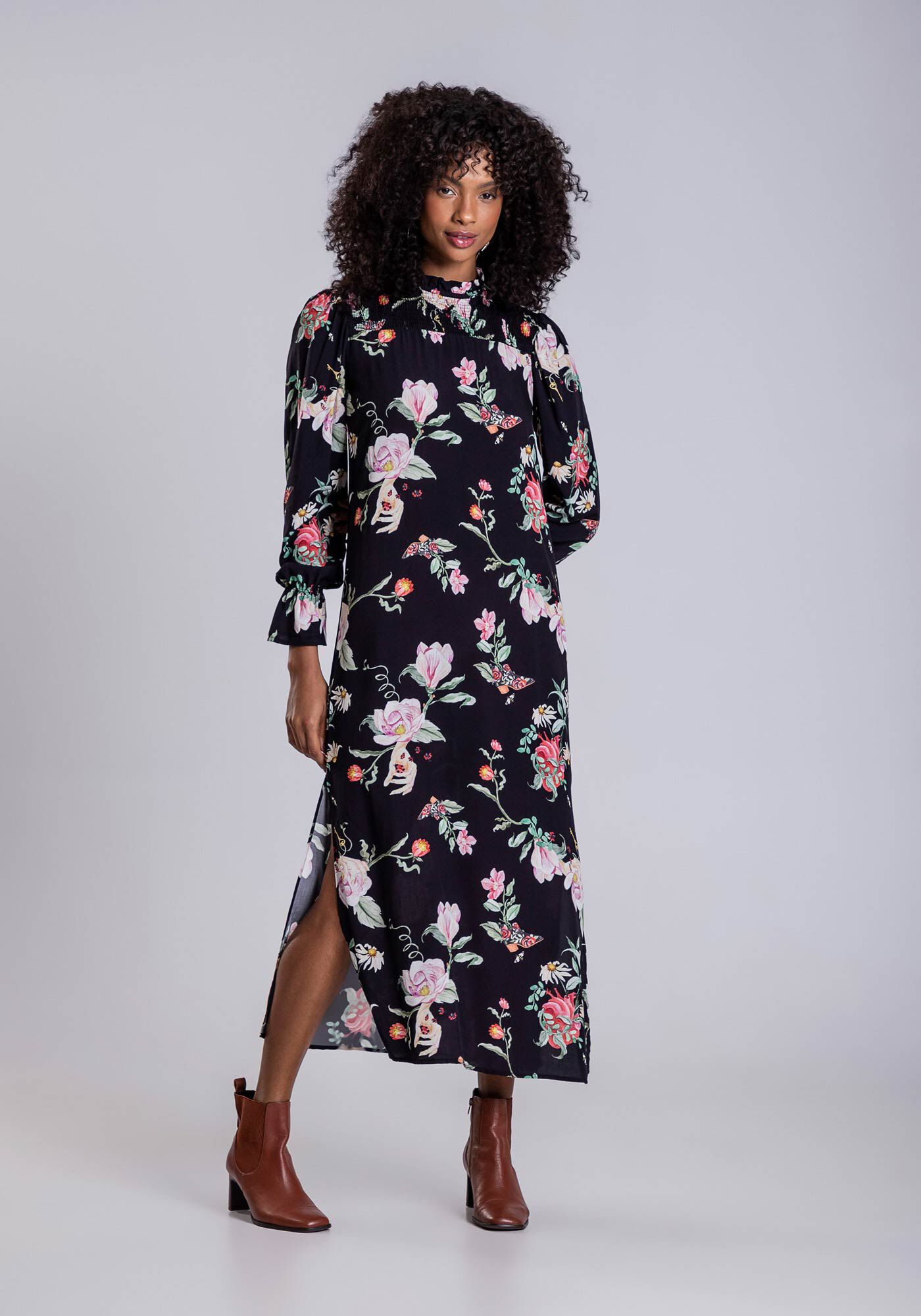 Vestido Midi Estampado com Lastex Cinto, , large.