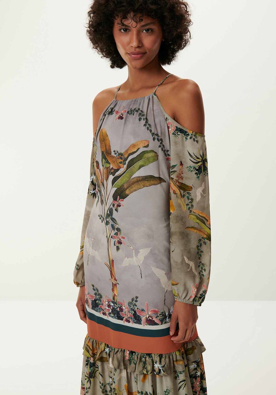 Vestido Longo Manga Longa com Recorte Ombros, RETRATO. Vestido Longo Manga Longa com Recorte Ombros, RETRATO, large.