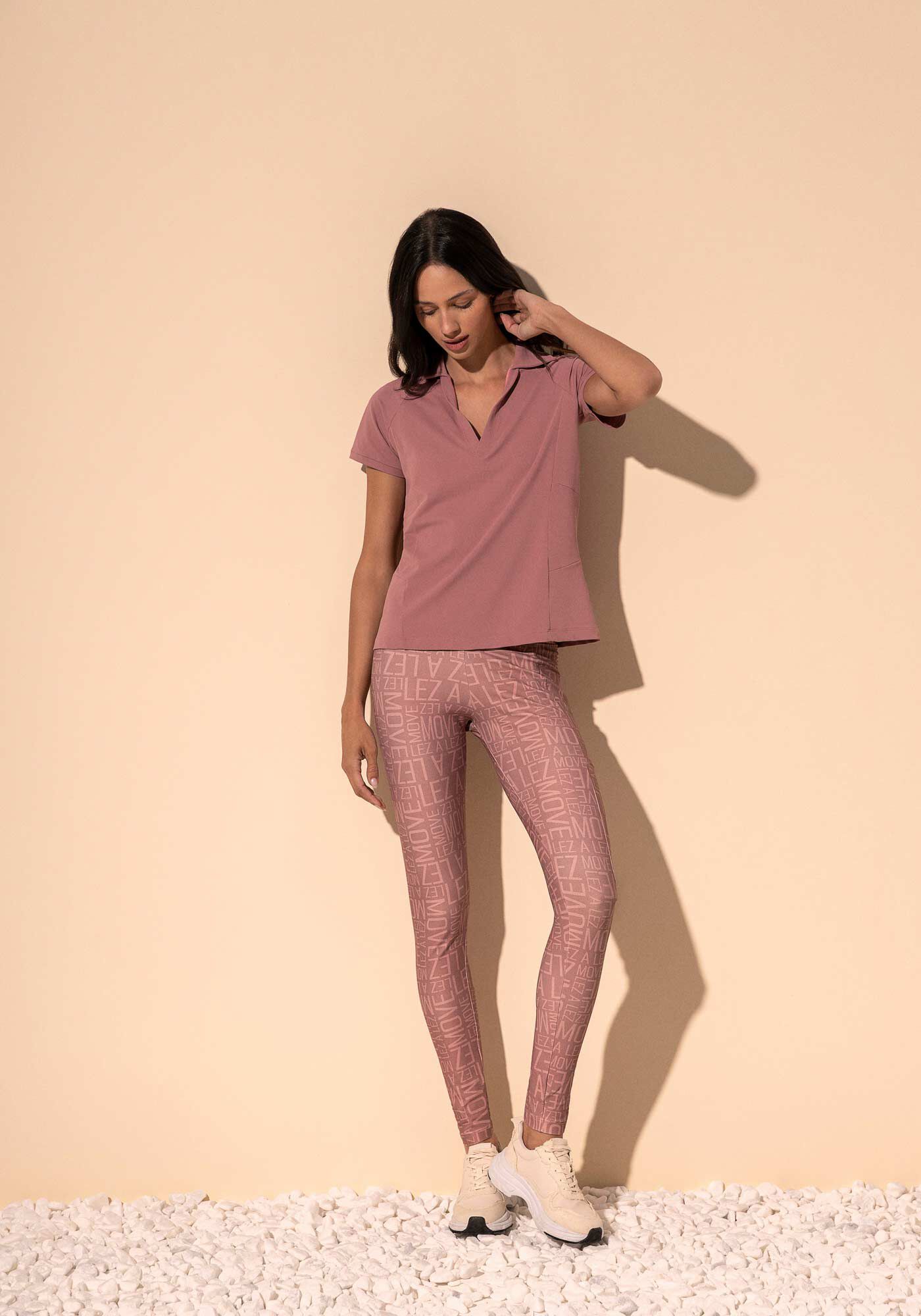 Blusa De Mangas Curtas Com Decote Em V E Gola Move, ROSA VINTAGE, large.