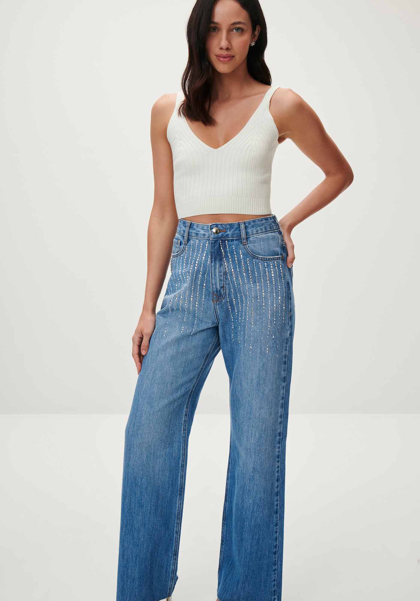 Cal&ccedil;a Jeans Wide Leg Super Alta com Strass, , large.