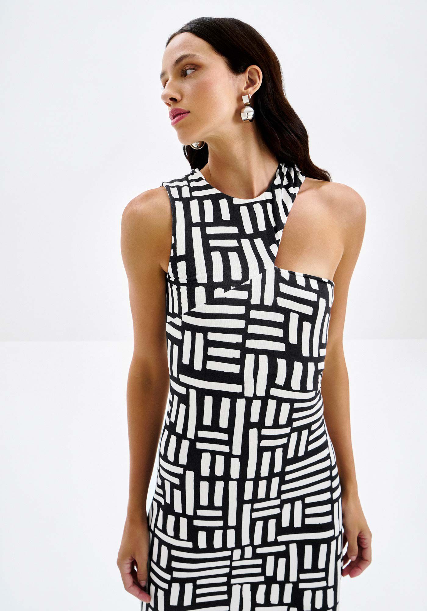 Vestido Midi Estampado com Decote Assim&eacute;trico, , large.