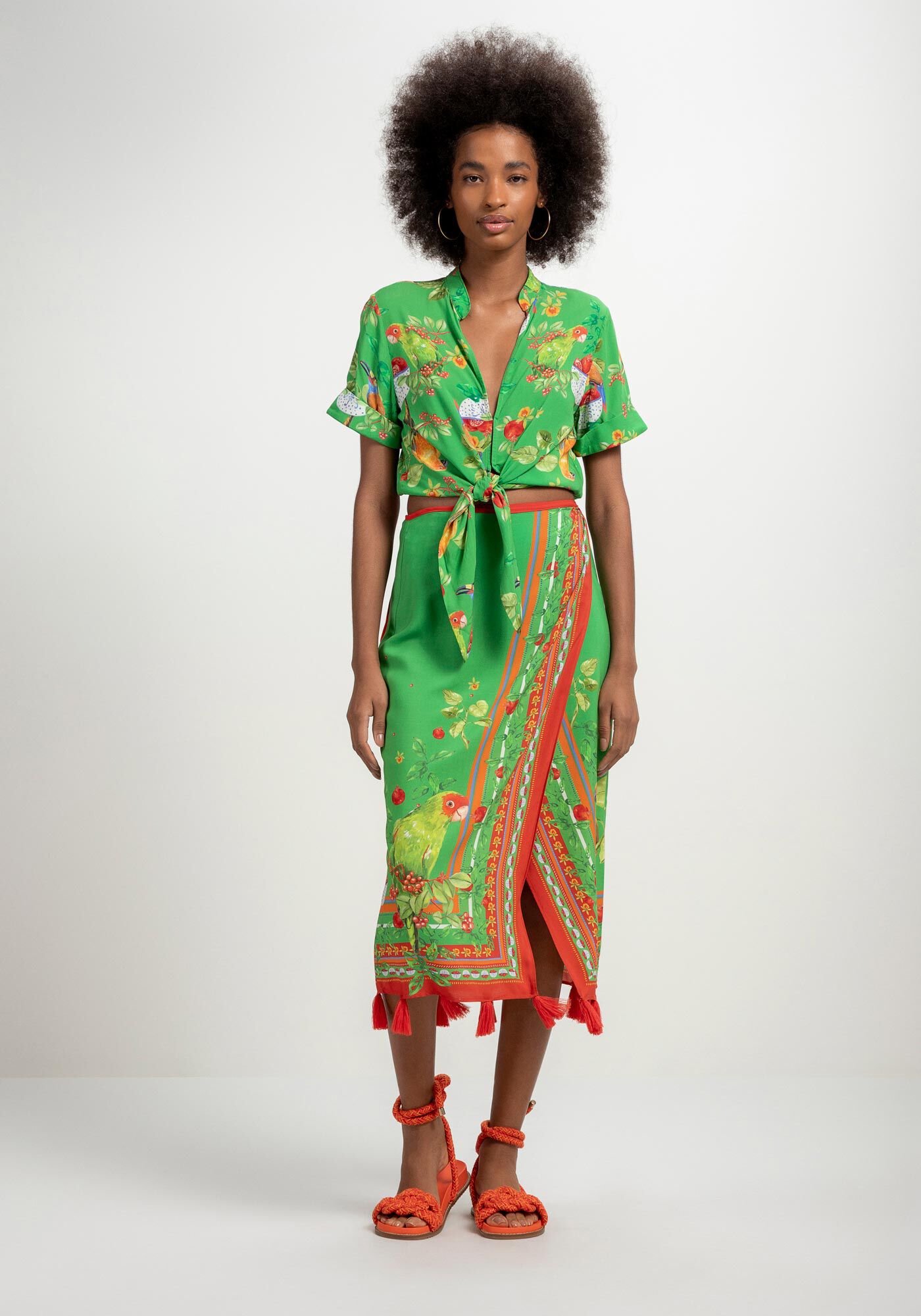 Saia Midi Transpassada em Viscose com Franjas, , large.