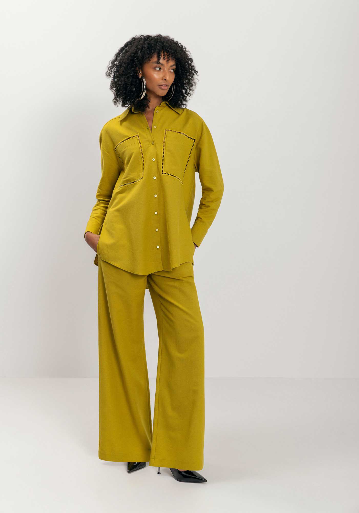 Camisa Overshirt De Mangas Longas Com Bolsos Bordados Vazado, , large.