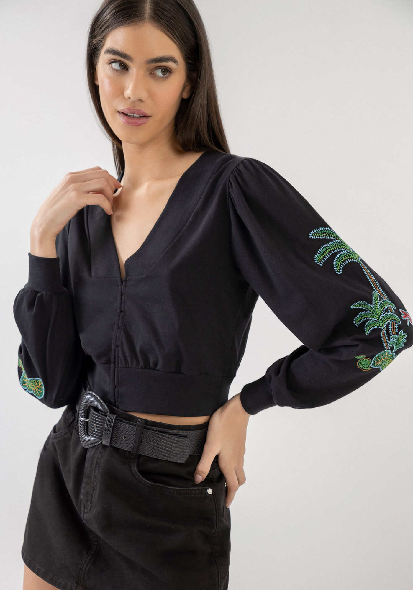 Blusa Manga Longa Bufante com Bordado, , large.