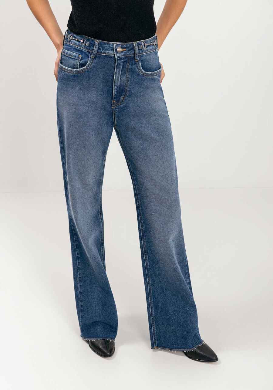 Calça Wide Leg Jeans Comfort Com Cintura Alta E Bridão, JEANS. Calça Wide Leg Jeans Comfort Com Cintura Alta E Bridão, JEANS, large.