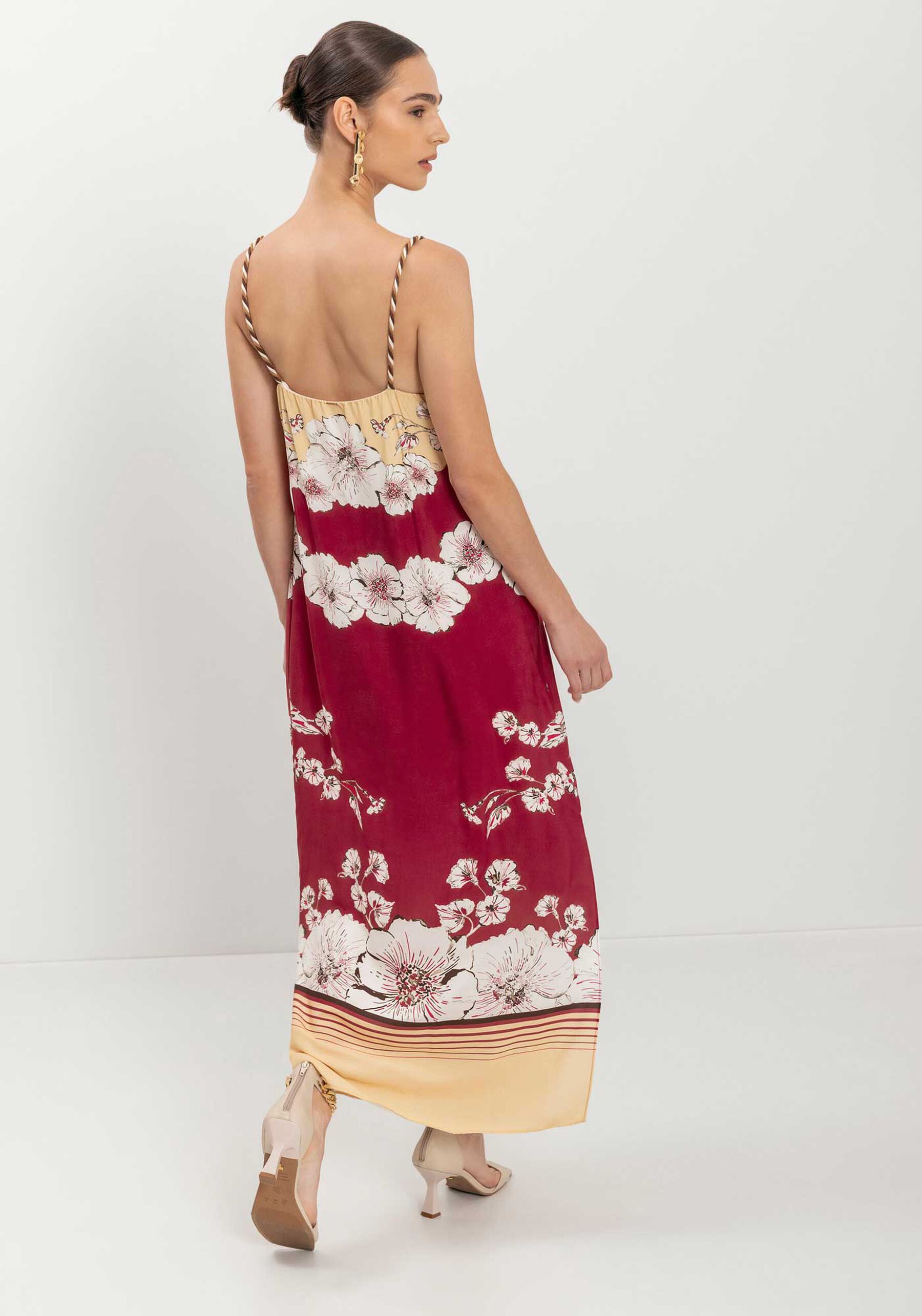 Vestido Estampado De Alças Com Fenda Lateral E Decote Reto, LILY VERMELHO. Vestido Estampado De Alças Com Fenda Lateral E Decote Reto, LILY VERMELHO, large.