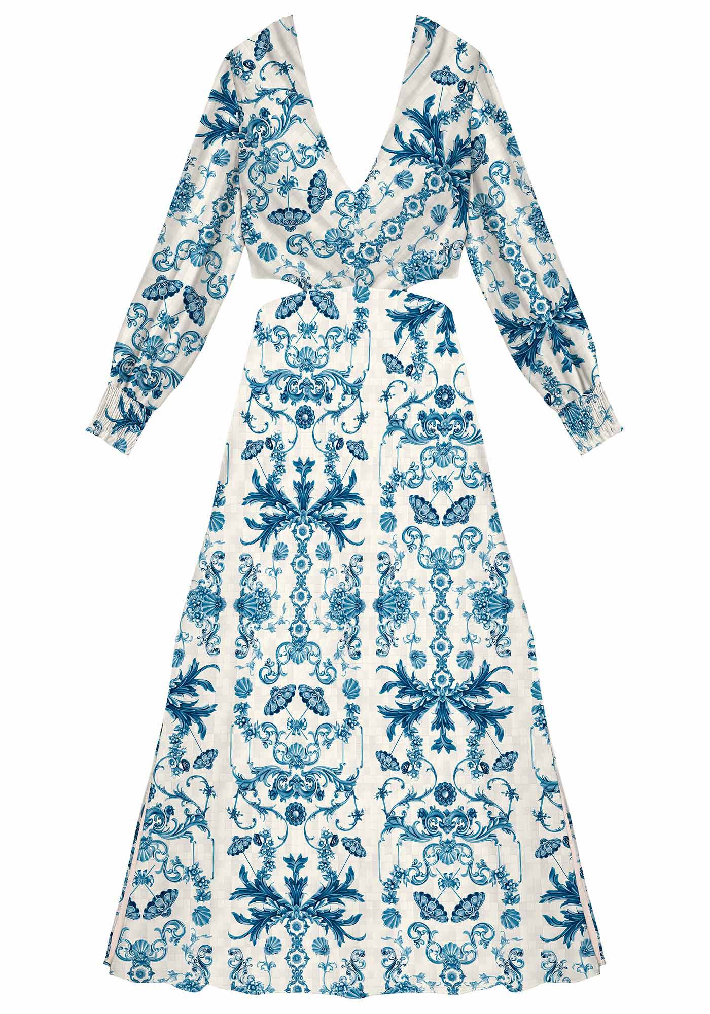 Vestido Longo Manga Longa Estampado com Cut Out, , large.